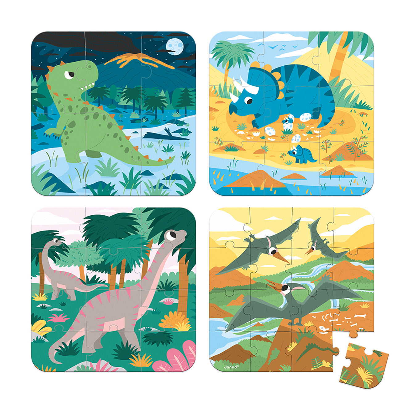 Puzzel - 4 Puzzels Dinosarus (6-9-12-16 Stukken), Janod