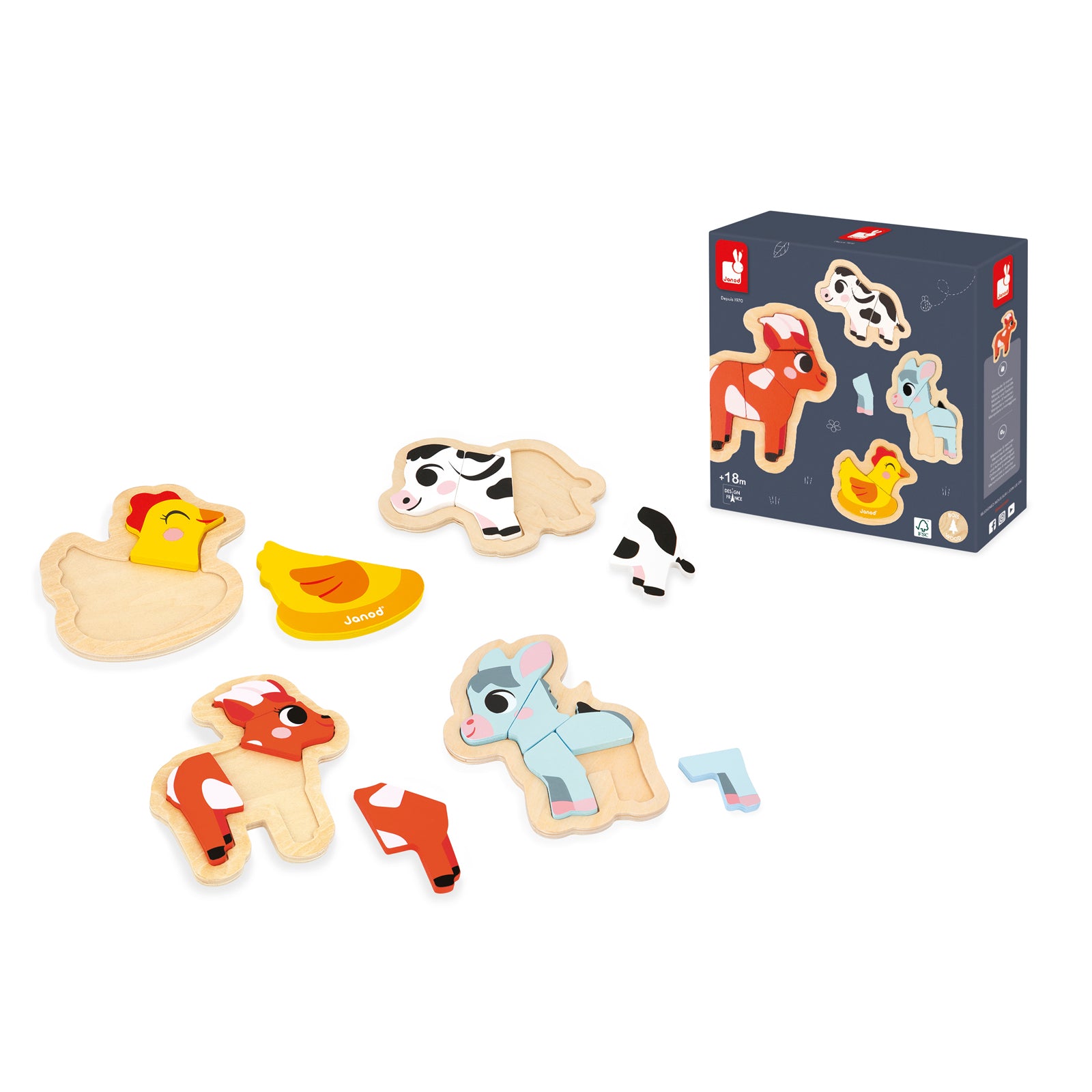 Janod Puzzelset - 4 Puzzels 2-3-4-5 Stukken Boerderij, Janod