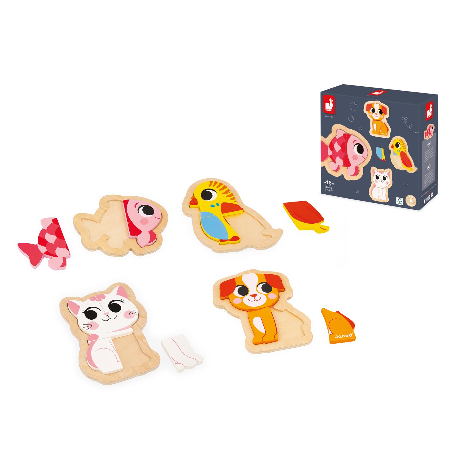Janod Puzzelset - 4 Puzzels 2-3-4-5 Stukken Huisdieren, Janod