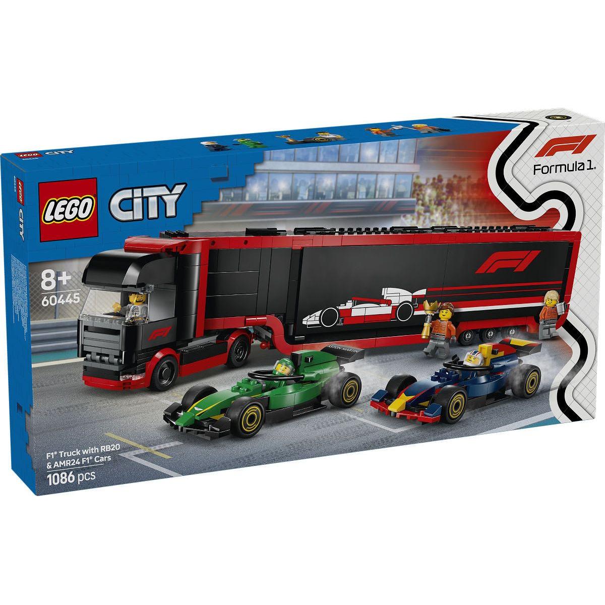 LEGO City F1 truck met RB20 en AMR24 F1 auto's