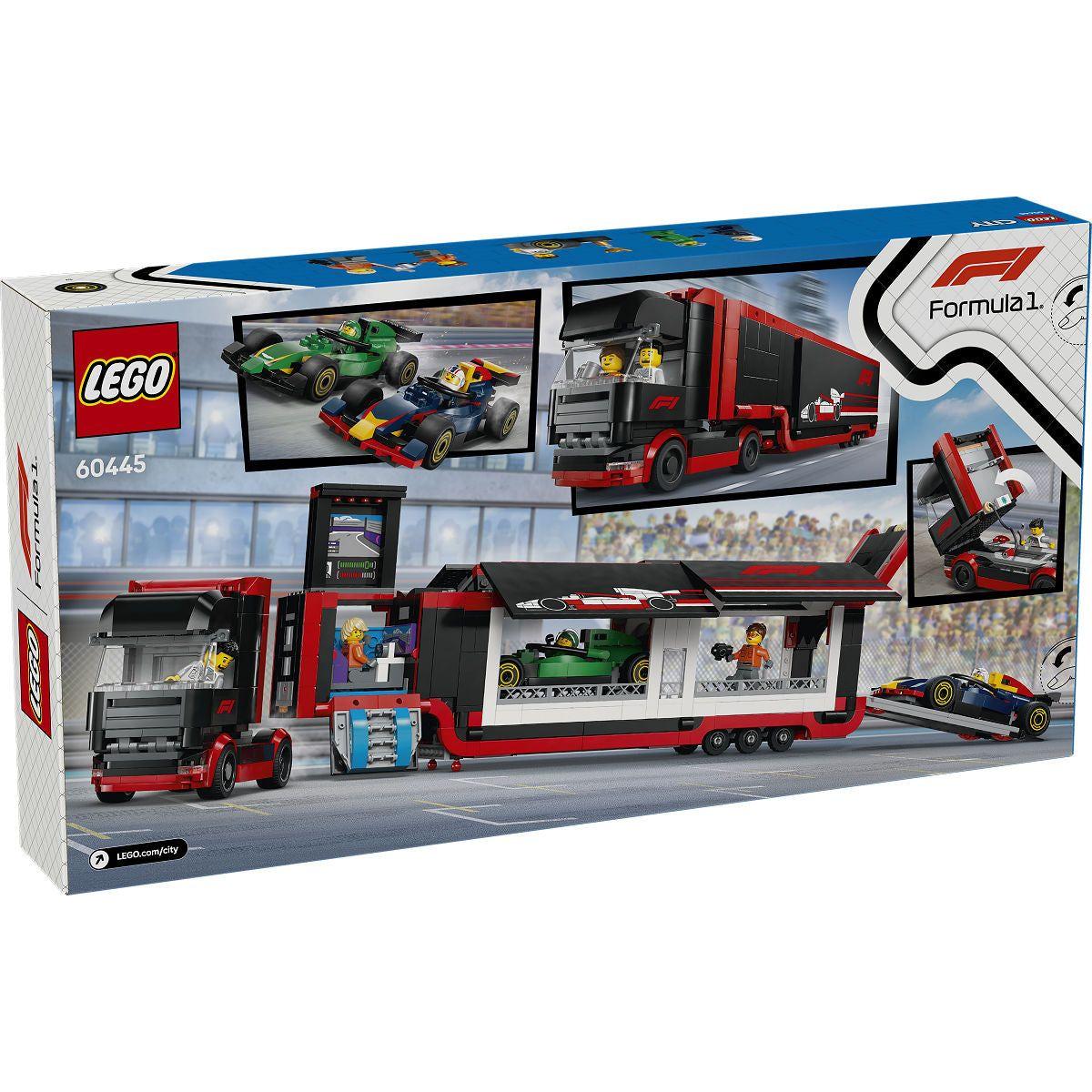 LEGO City F1 truck met RB20 en AMR24 F1 auto's