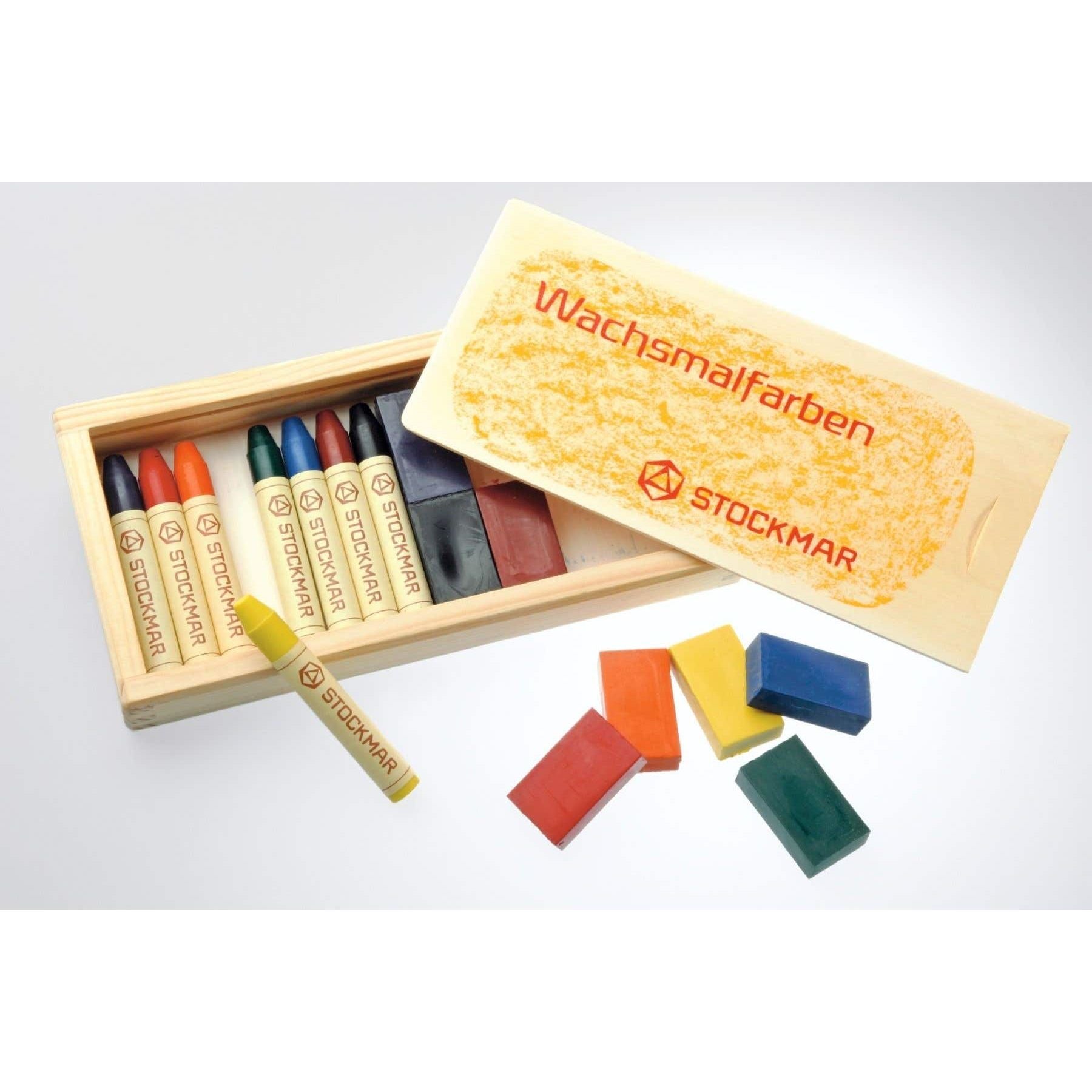 Bijenwasblokjes 8 kleuren en stiftjes 8 kleuren in kist, Stockmar