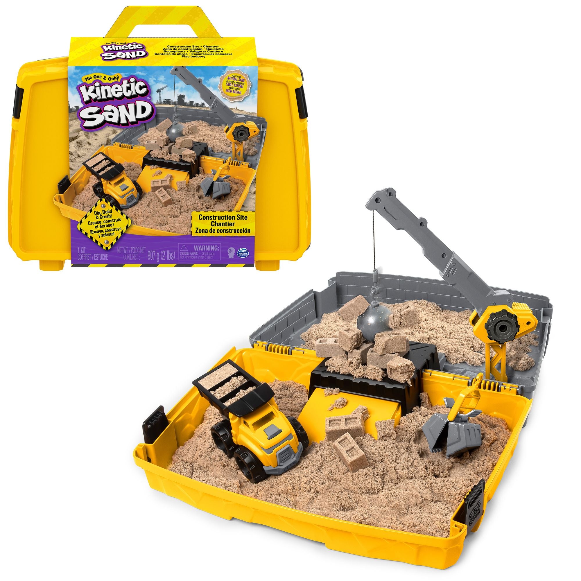 Bouwplaats-Speelset met Kiepwagen Kraan met Sloopkogel Emmer en 907 gram Speelzand, Kinetic Sand