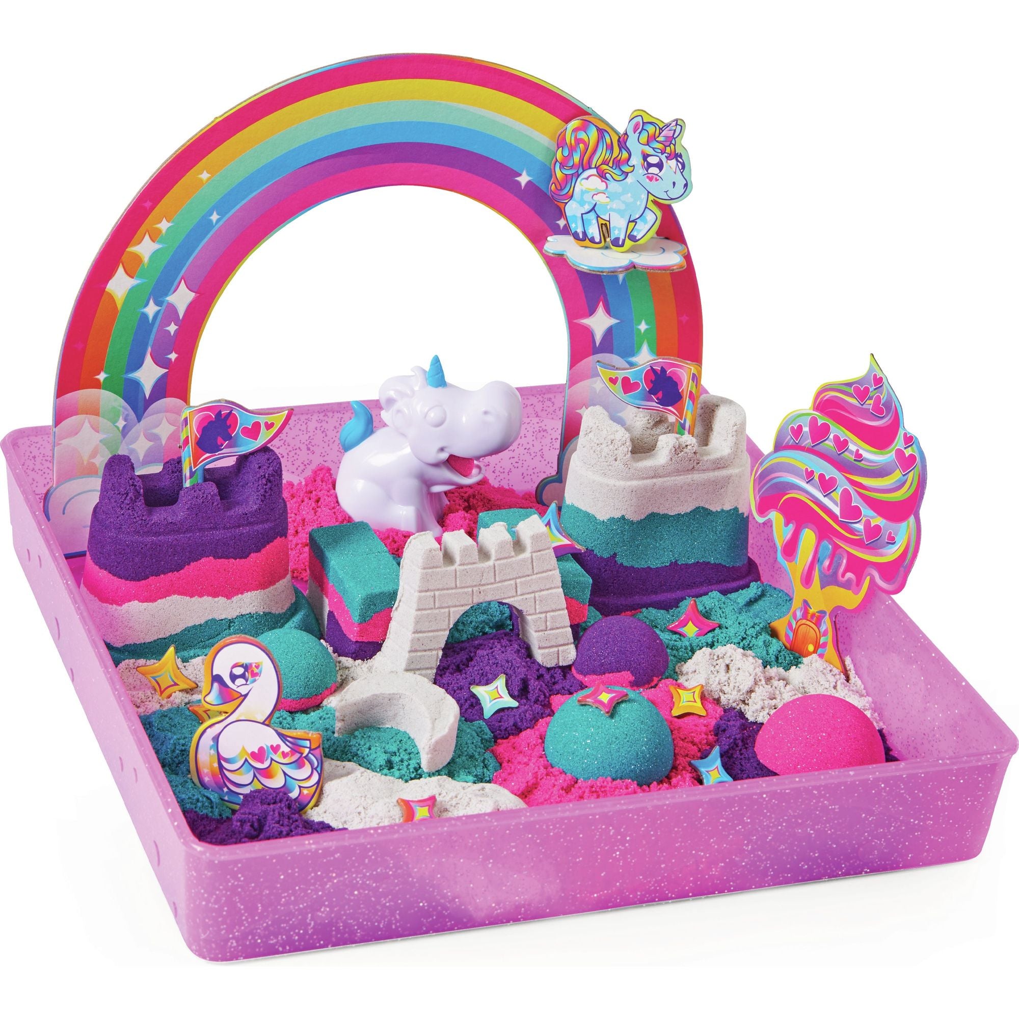 Kinetic Sand - Shimmer Eenhoorn Koninkrijk-Speelset Met 907 gram Glanzend Speelzand 8 Stuks Gereedschap, Spin Master