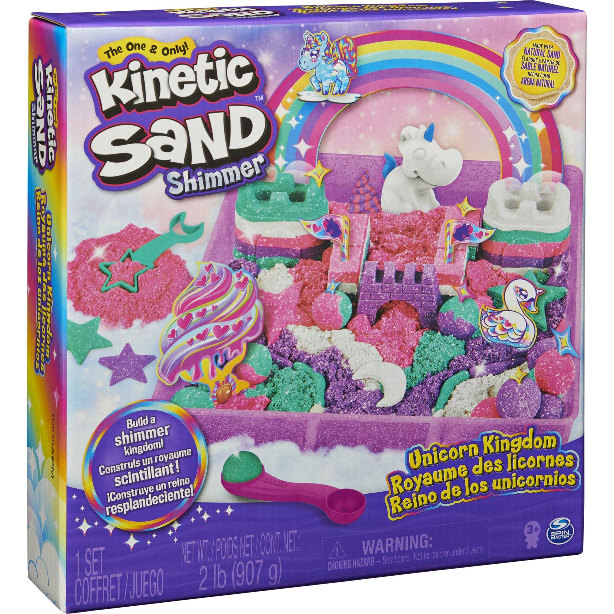 Kinetic Sand - Shimmer Eenhoorn Koninkrijk-Speelset Met 907 gram Glanzend Speelzand 8 Stuks Gereedschap, Spin Master