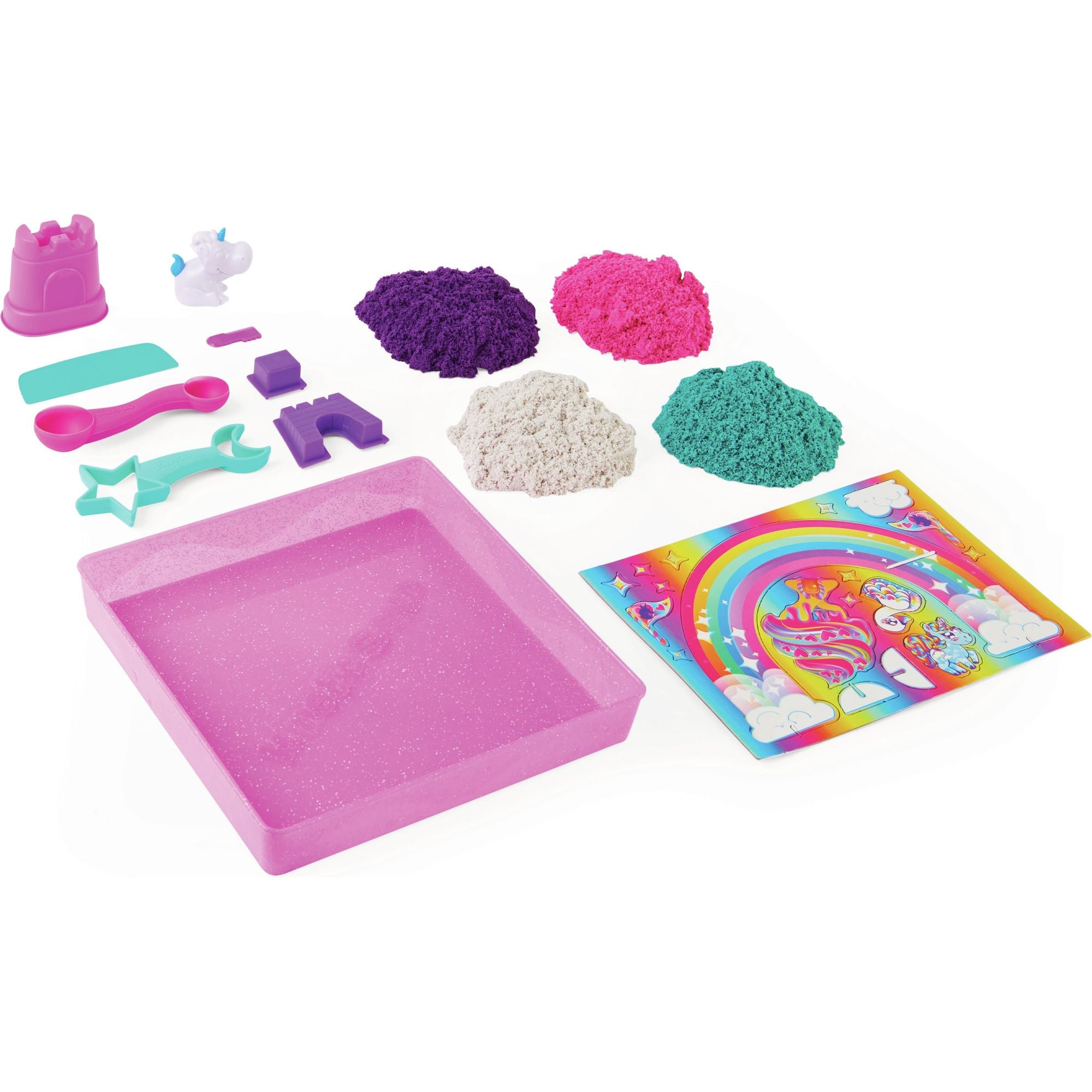 Kinetic Sand - Shimmer Eenhoorn Koninkrijk-Speelset Met 907 gram Glanzend Speelzand 8 Stuks Gereedschap, Spin Master