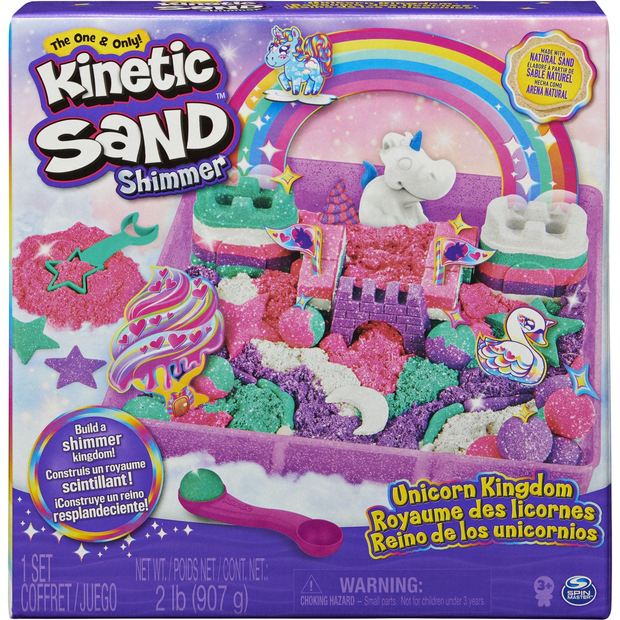 Kinetic Sand - Shimmer Eenhoorn Koninkrijk-Speelset Met 907 gram Glanzend Speelzand 8 Stuks Gereedschap, Spin Master