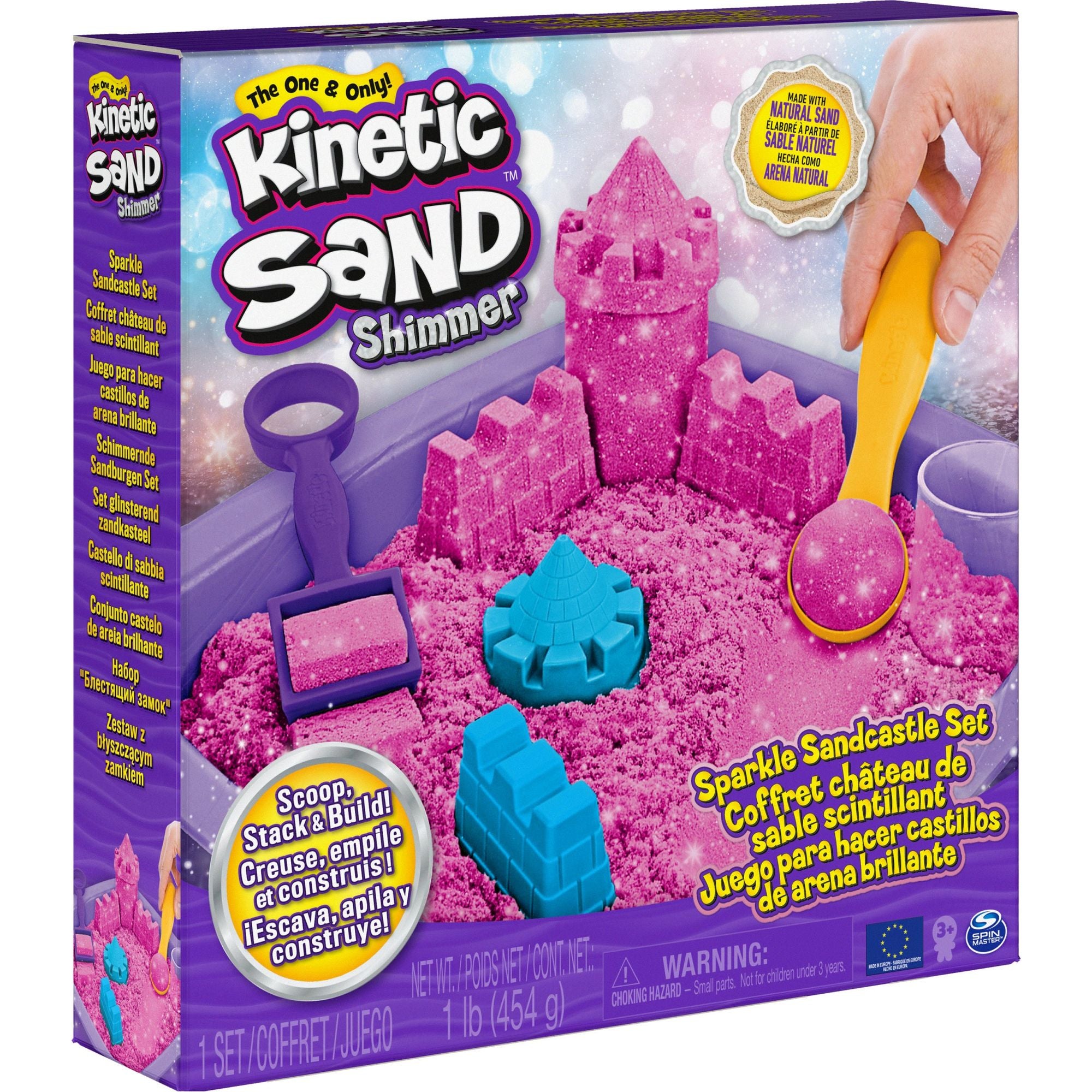 Kinetic Sand - Shimmer, Zandkasteel-Set Met 453 gram Roze Glinsterend Speelzand 3 Vormpjes En 2 Stuks Gereedschap, Spin Master