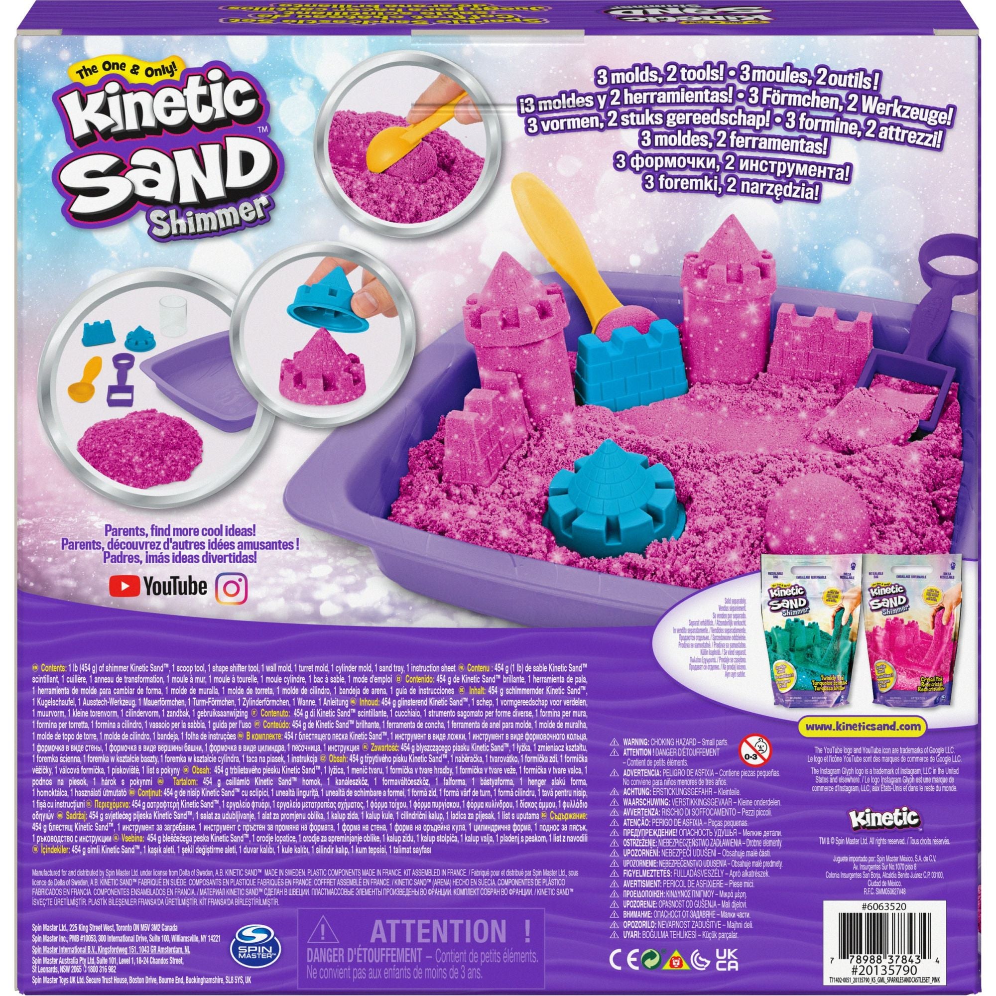 Kinetic Sand - Shimmer, Zandkasteel-Set Met 453 gram Roze Glinsterend Speelzand 3 Vormpjes En 2 Stuks Gereedschap, Spin Master