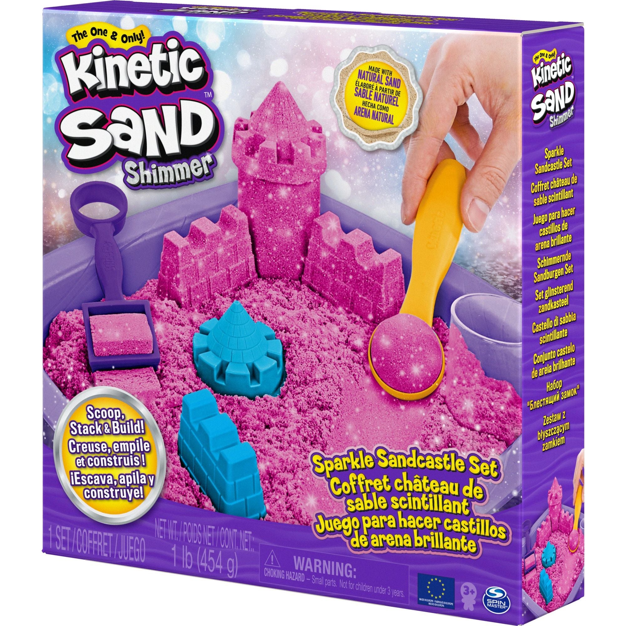 Kinetic Sand - Shimmer, Zandkasteel-Set Met 453 gram Roze Glinsterend Speelzand 3 Vormpjes En 2 Stuks Gereedschap, Spin Master
