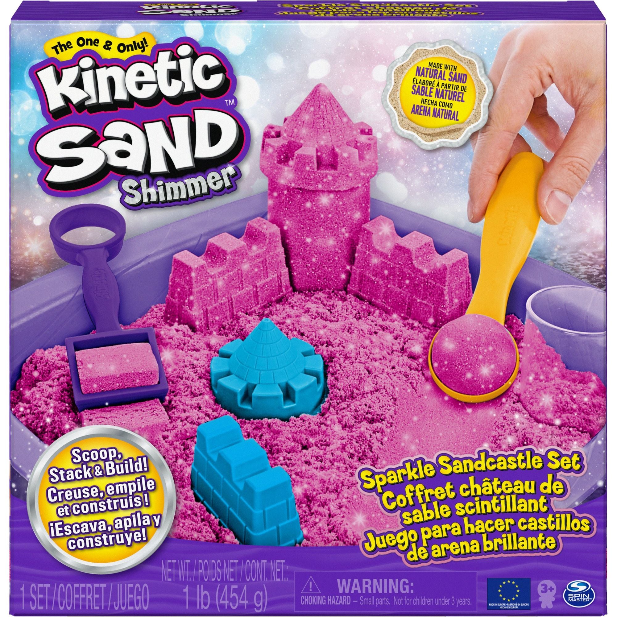Kinetic Sand - Shimmer, Zandkasteel-Set Met 453 gram Roze Glinsterend Speelzand 3 Vormpjes En 2 Stuks Gereedschap, Spin Master
