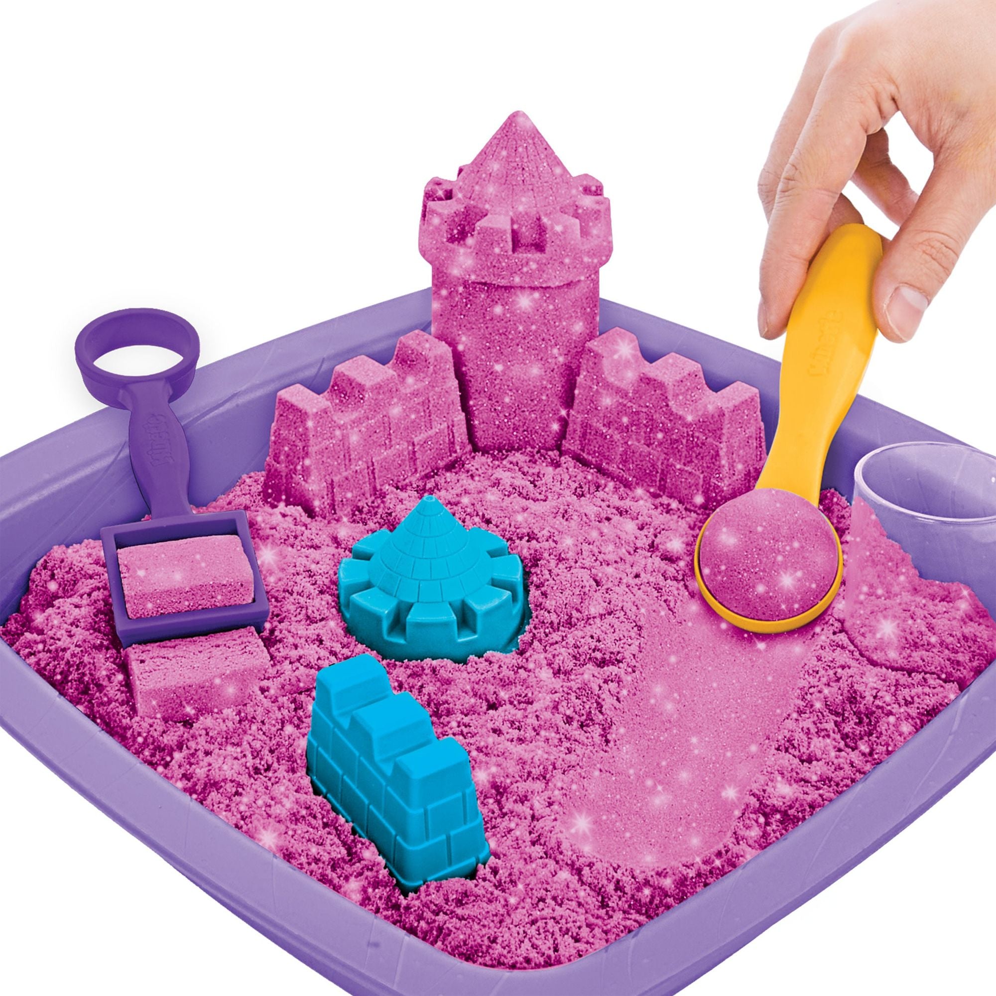 Kinetic Sand - Shimmer, Zandkasteel-Set Met 453 gram Roze Glinsterend Speelzand 3 Vormpjes En 2 Stuks Gereedschap, Spin Master