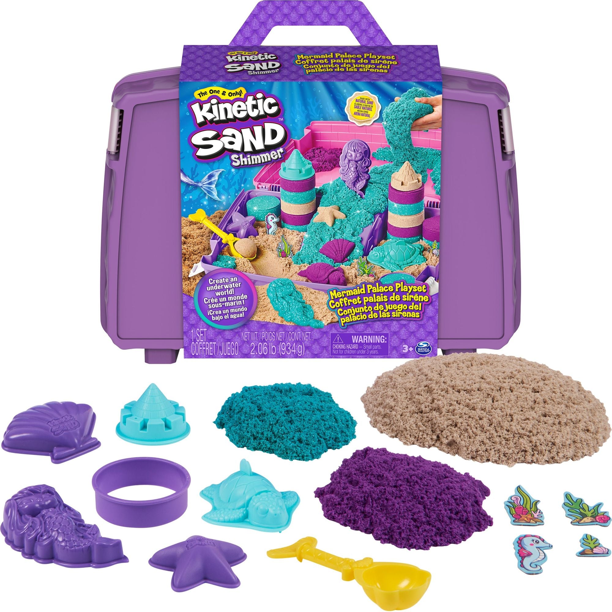 Kinetic Sand - Shimmer, Opvouwbare Meermin Zandbak-Speelset Met 907 gram Glinsterend Speelzand In 3 Kleuren, 6 Mallen En 1 Schep, Spin Master