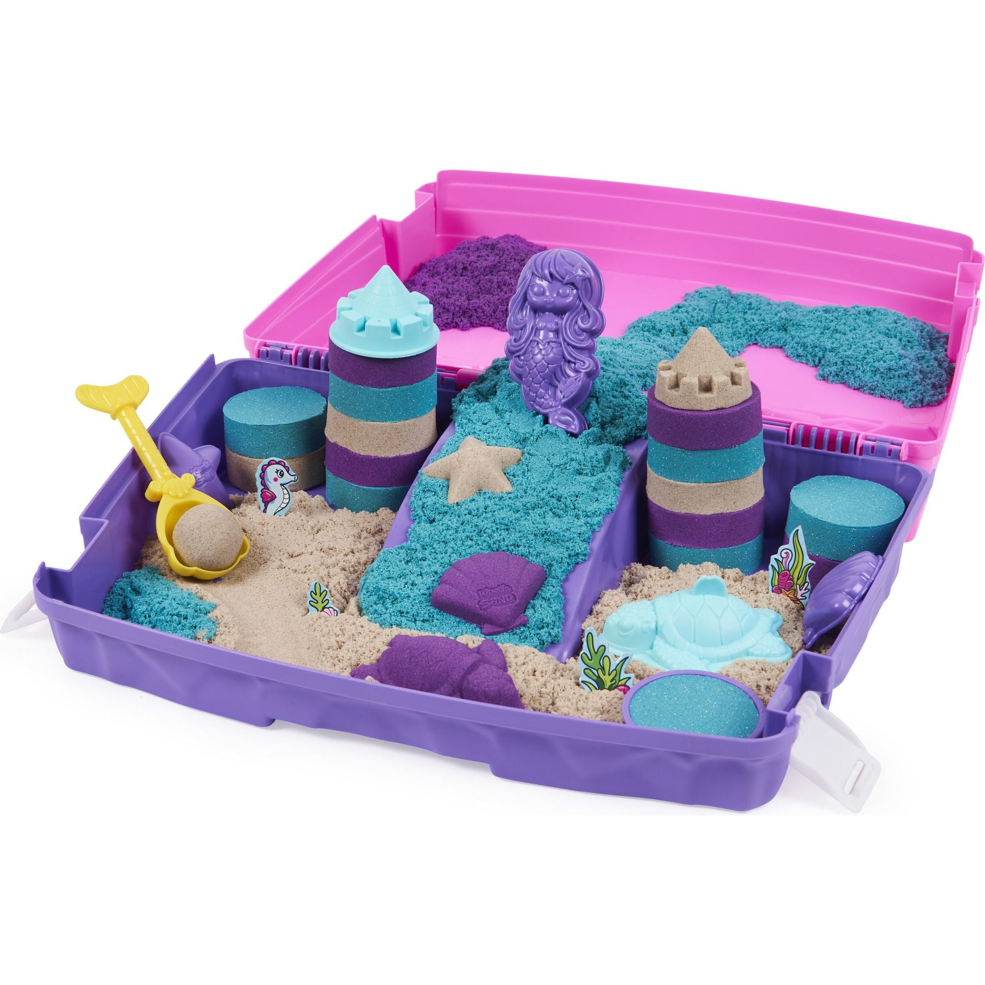 Kinetic Sand - Shimmer, Opvouwbare Meermin Zandbak-Speelset Met 907 gram Glinsterend Speelzand In 3 Kleuren, 6 Mallen En 1 Schep, Spin Master