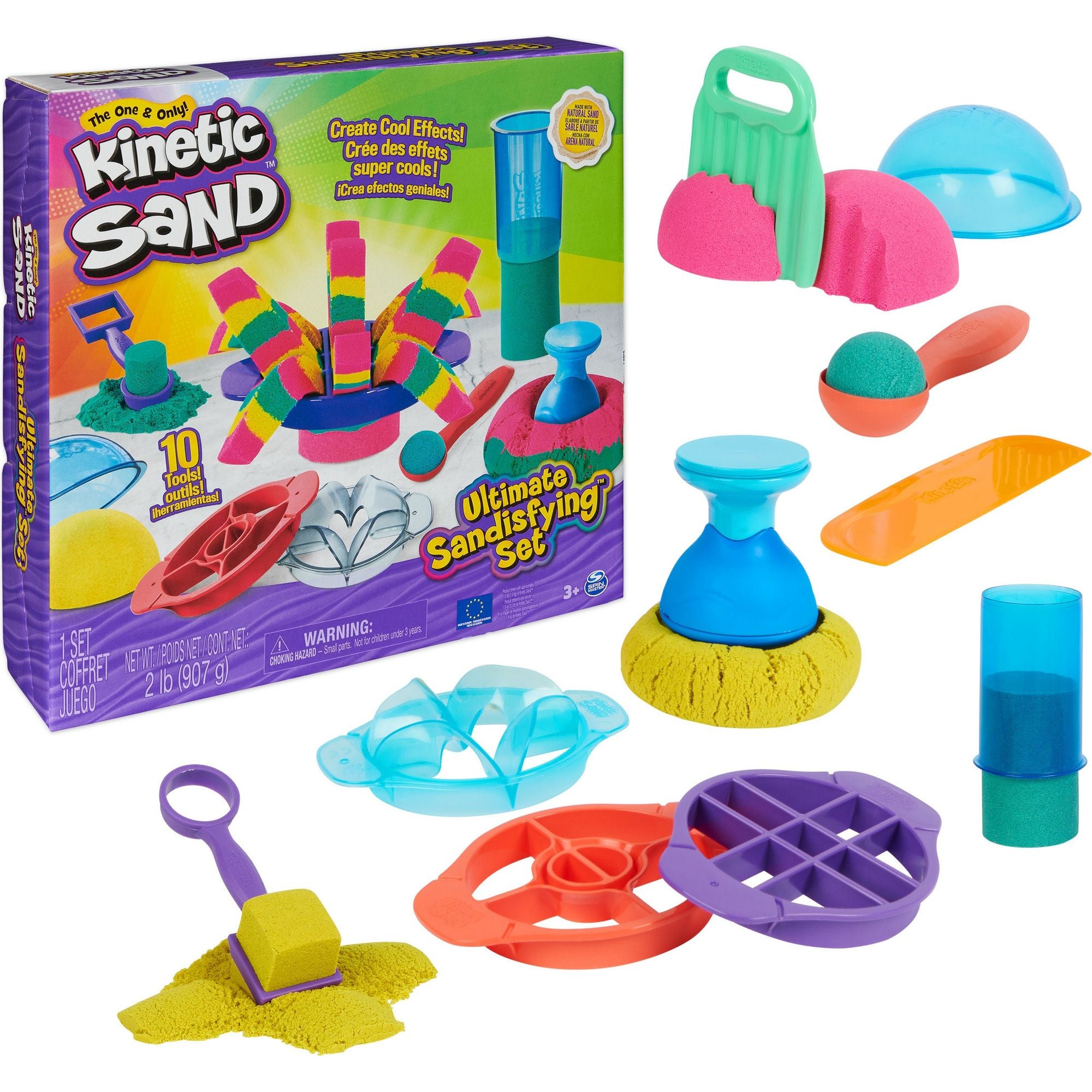 Kinetic Sand - Ultimate Sandisfying-Set Met 907 gram Roze Geel En Blauwgroen Speelzand - Met 10 Vormen En Gereedschappen, Spin Master
