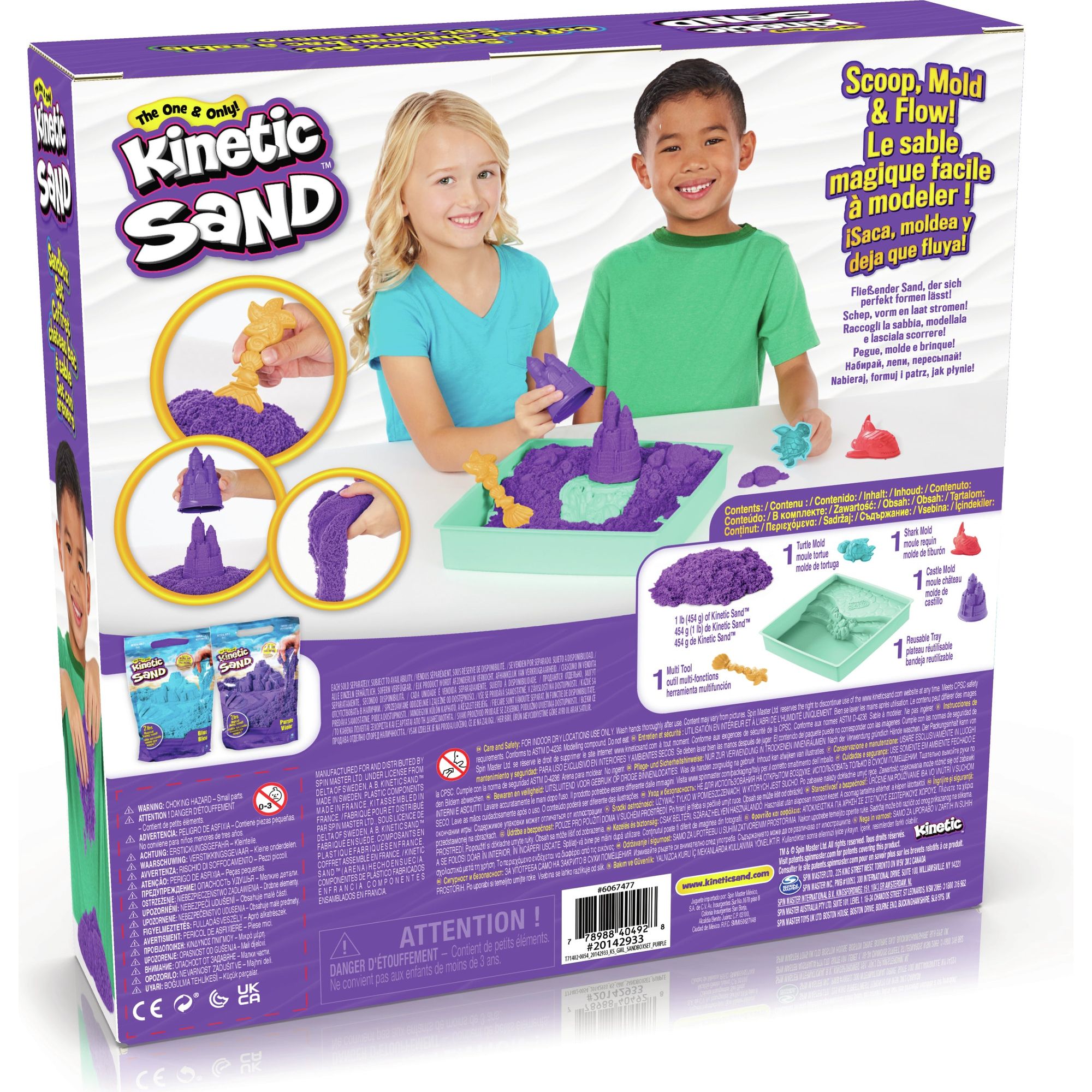 Kinetic Sand - Zandbak-Set Met 454 gram Paars Speelzand Opbergzandbak 4 Vormen En Gereedschap, Spin Master