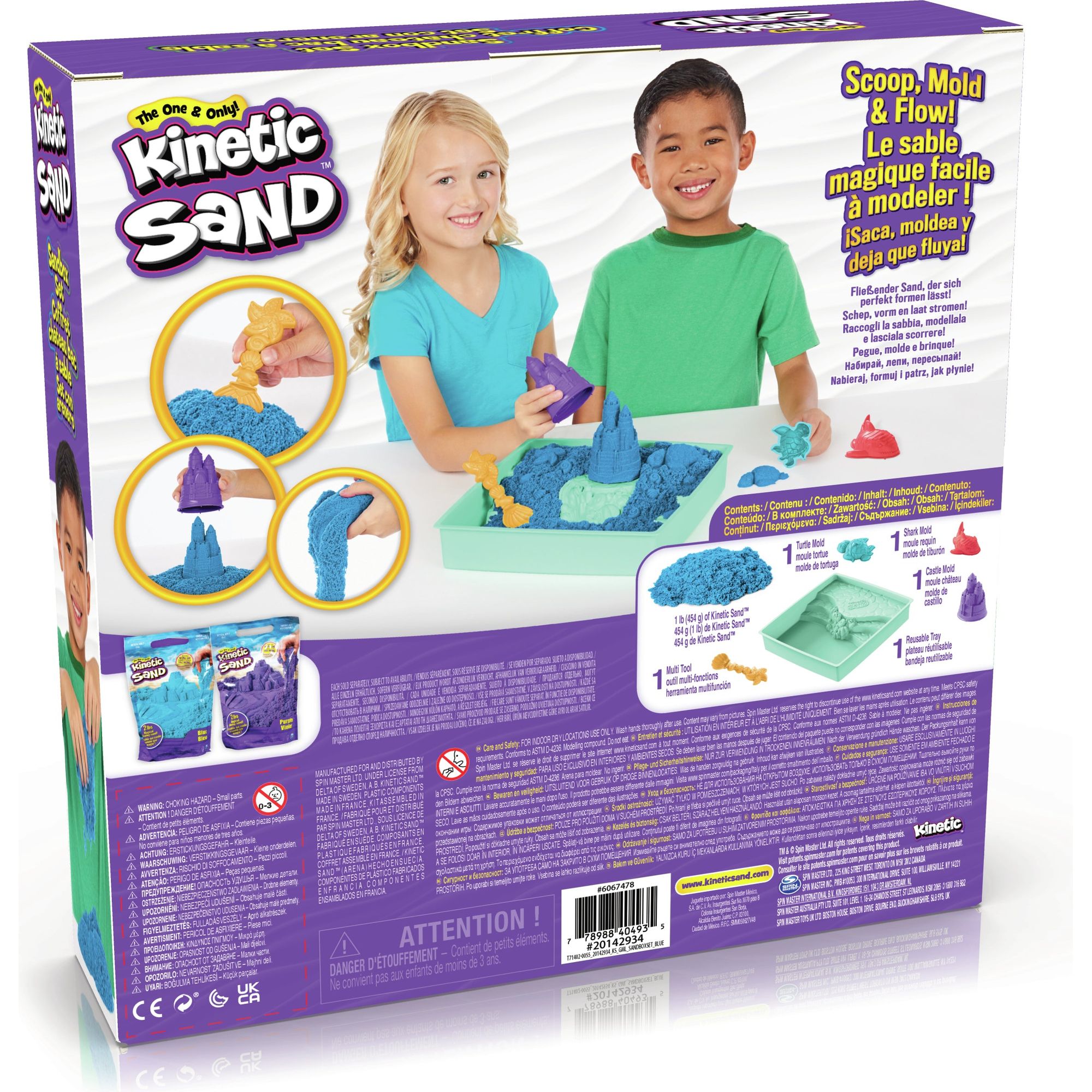 Kinetic Sand - Zandbak-Set Met 454 gram Blauw Speelzand Opbergzandbak 4 Vormen En Gereedschap, Spin Master