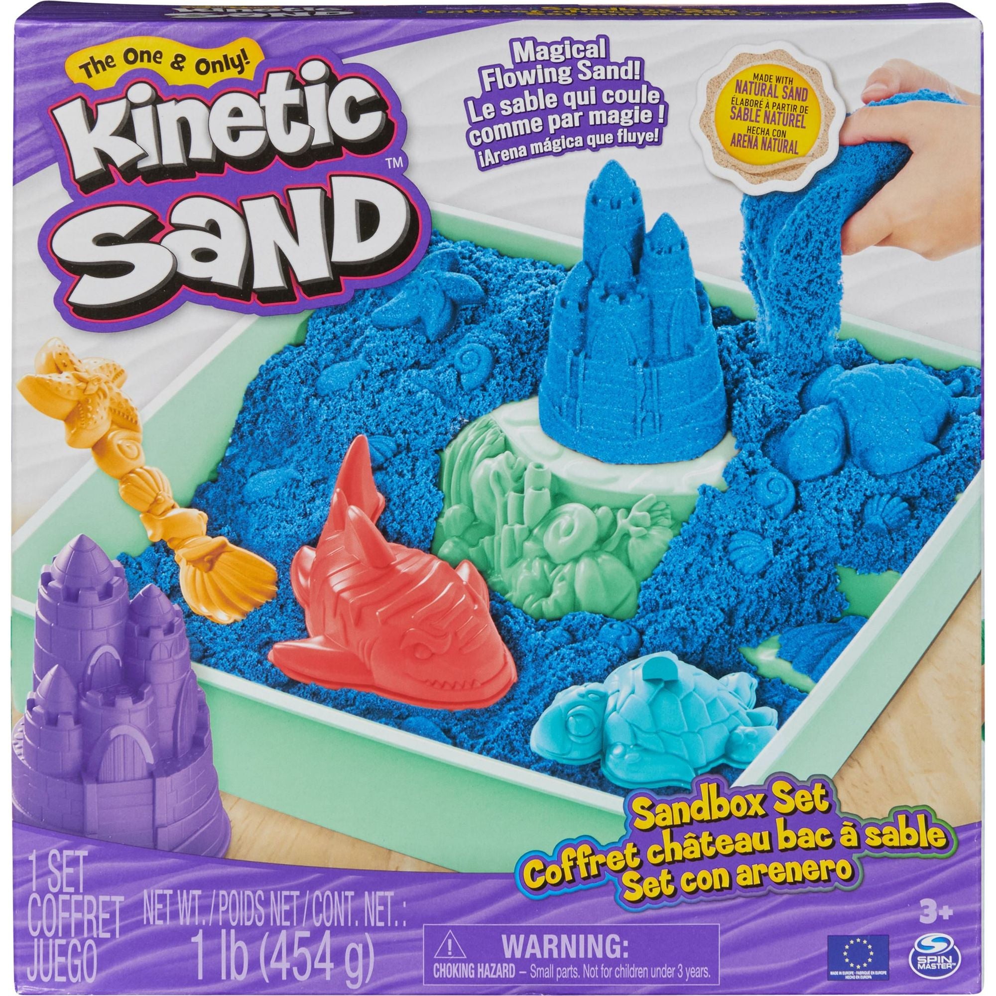 Kinetic Sand - Zandbak-Set Met 454 gram Blauw Speelzand Opbergzandbak 4 Vormen En Gereedschap, Spin Master