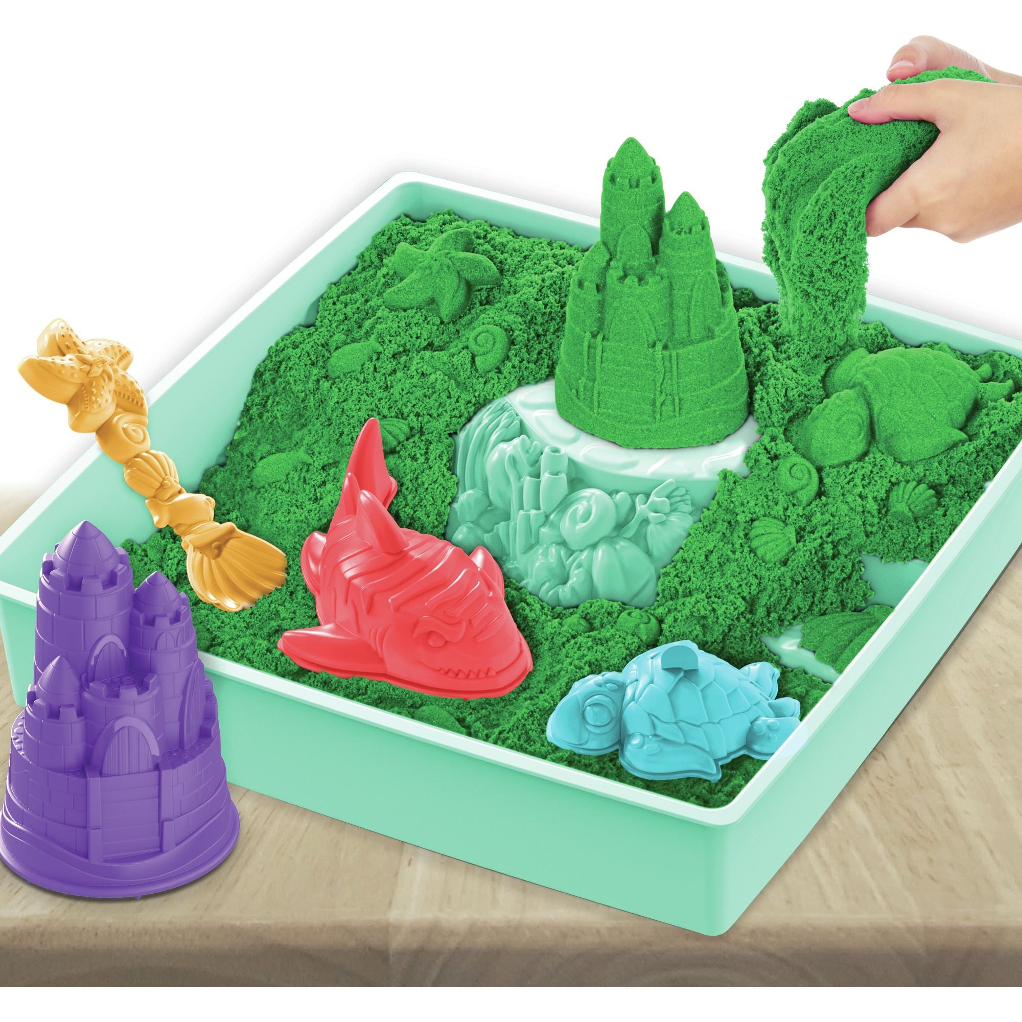 Kinetic Sand - Zandbak-Set Met 454 gram Groen Speelzand Opbergzandbak 4 Vormen En Gereedschap, Spin Master