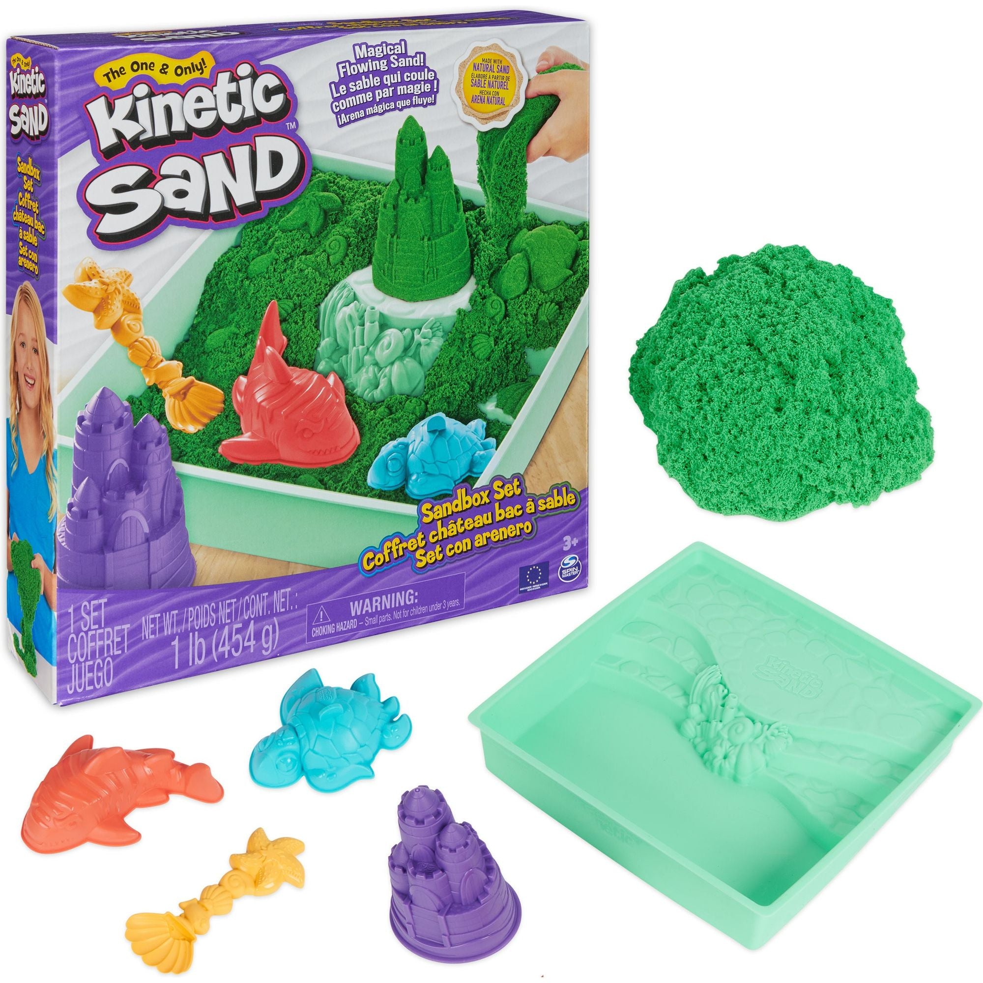 Kinetic Sand - Zandbak-Set Met 454 gram Groen Speelzand Opbergzandbak 4 Vormen En Gereedschap, Spin Master