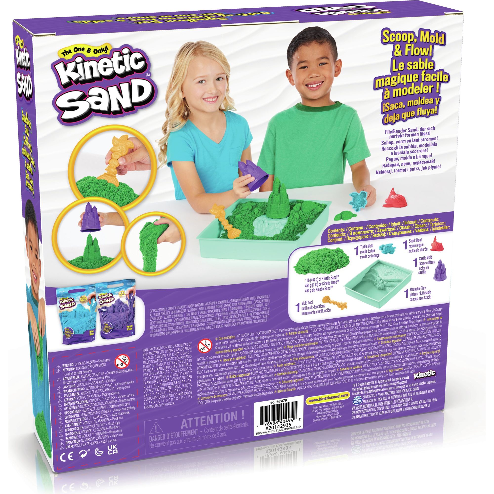 Kinetic Sand - Zandbak-Set Met 454 gram Groen Speelzand Opbergzandbak 4 Vormen En Gereedschap, Spin Master