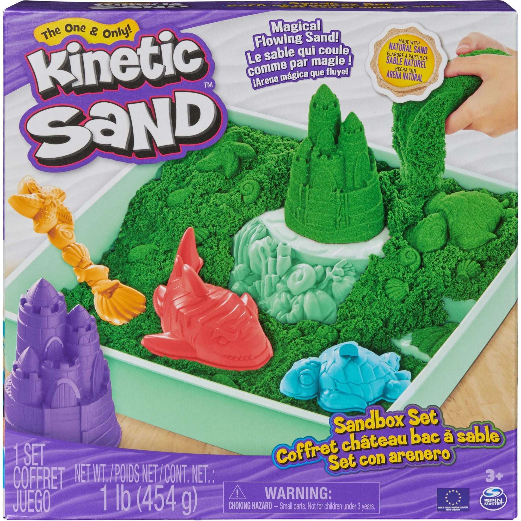 Kinetic Sand - Zandbak-Set Met 454 gram Groen Speelzand Opbergzandbak 4 Vormen En Gereedschap, Spin Master