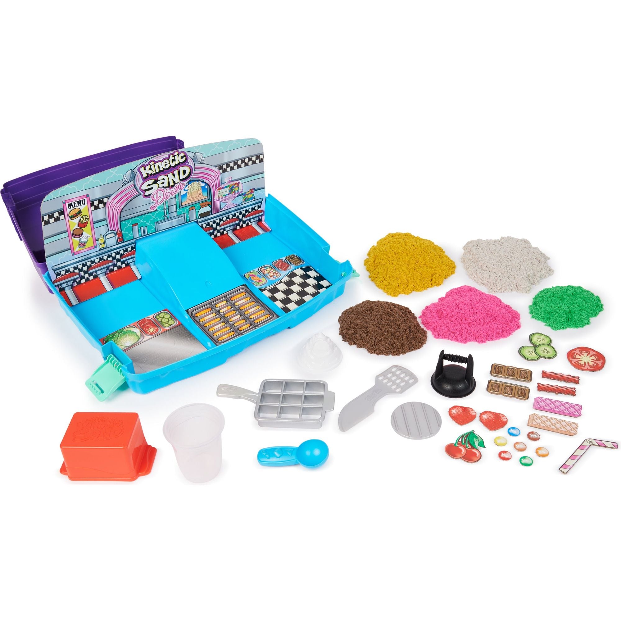 Kinetic Sand - Grill N’ Scoop Diner, 907 gram Geel, Roze, Wit, Bruin En Groen Speelzand, 27 Stuks Keukengerei, Opvouwbare Zandbak, Spin Master