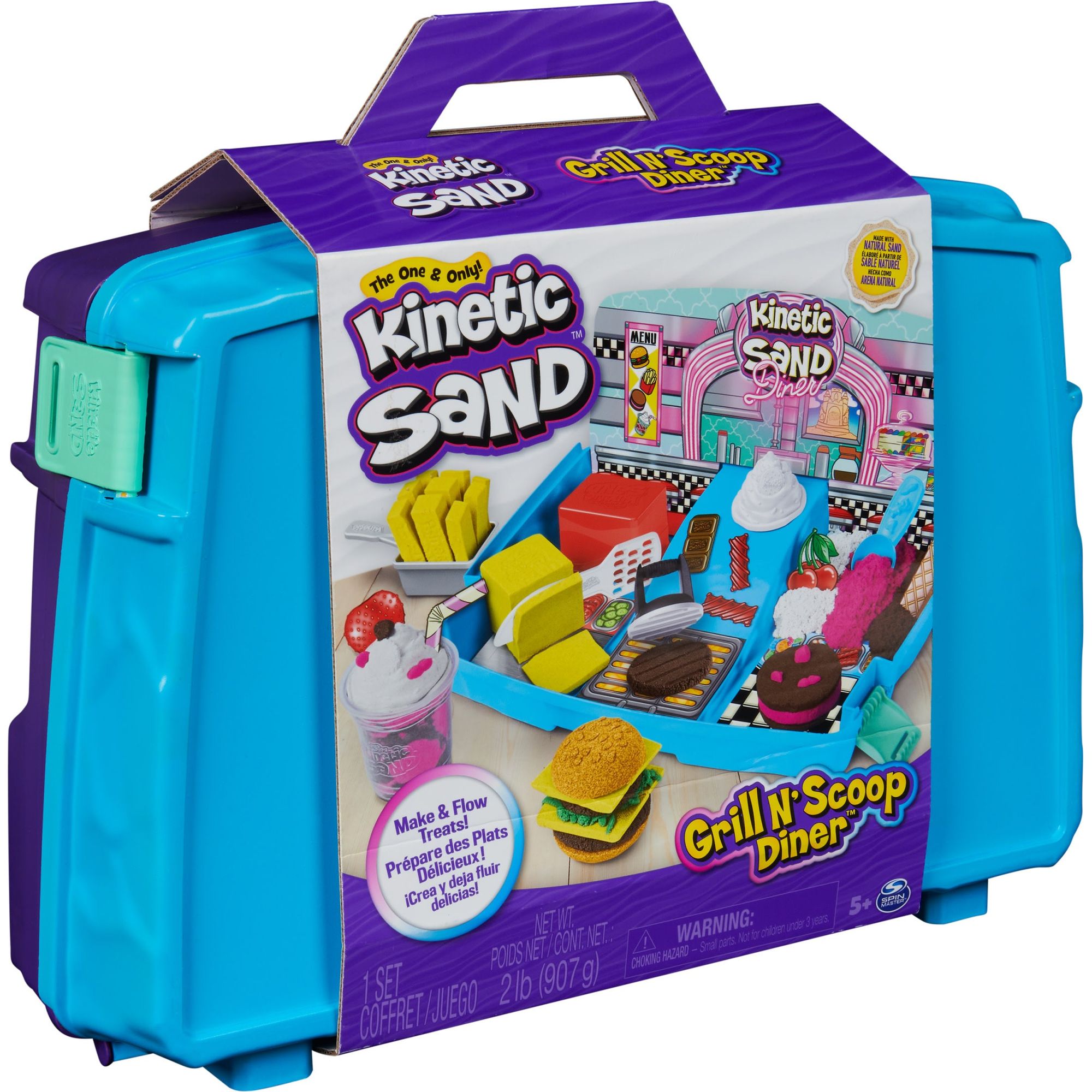 Kinetic Sand - Grill N’ Scoop Diner, 907 gram Geel, Roze, Wit, Bruin En Groen Speelzand, 27 Stuks Keukengerei, Opvouwbare Zandbak, Spin Master