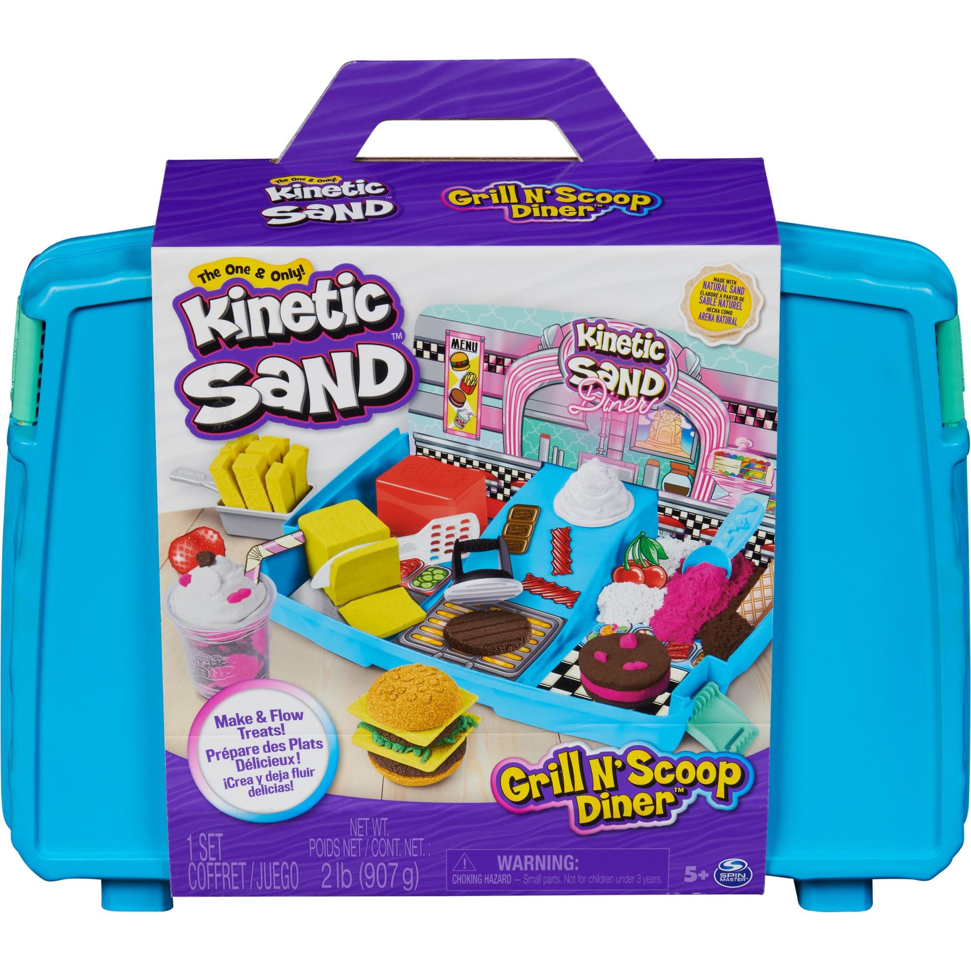 Kinetic Sand - Grill N’ Scoop Diner, 907 gram Geel, Roze, Wit, Bruin En Groen Speelzand, 27 Stuks Keukengerei, Opvouwbare Zandbak, Spin Master