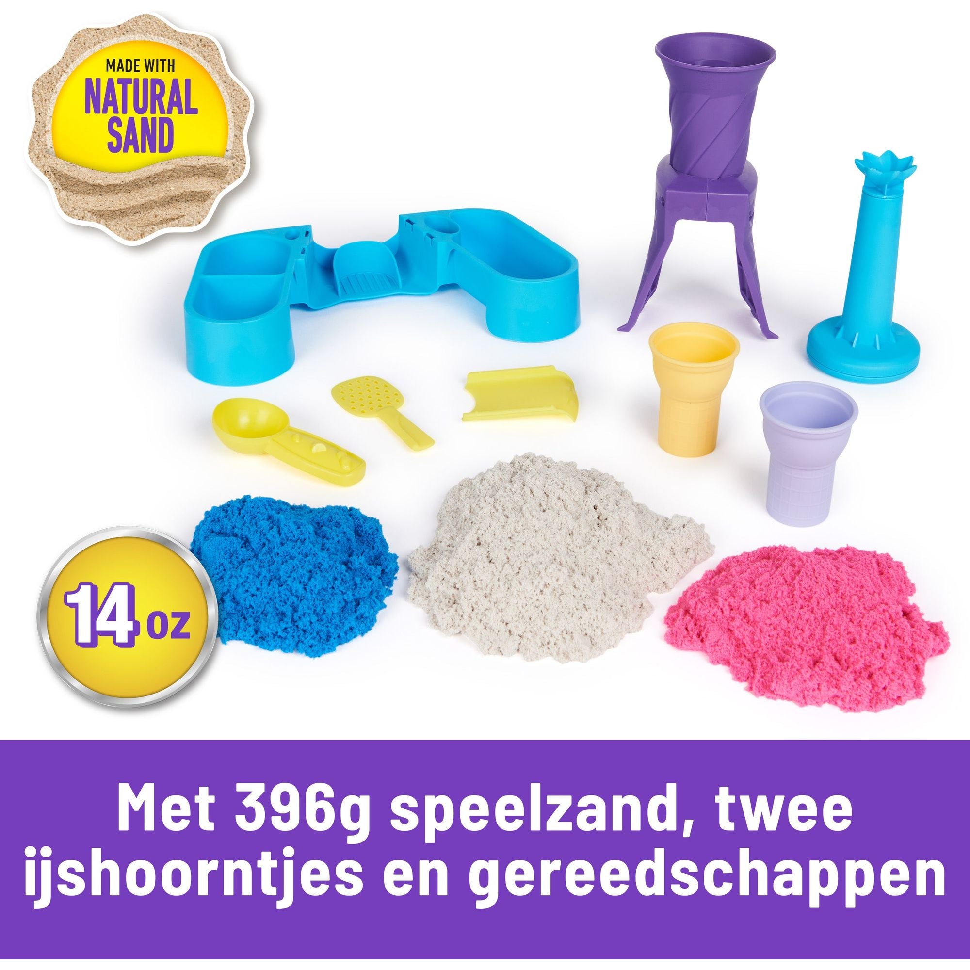 Kinetic Sand - Softijsjes Speelset Met 396 gram Speelzand In Blauw Roze En Wit - 2 Ijshoorntjes En 2 Stuks Gereedschap, Spin Master