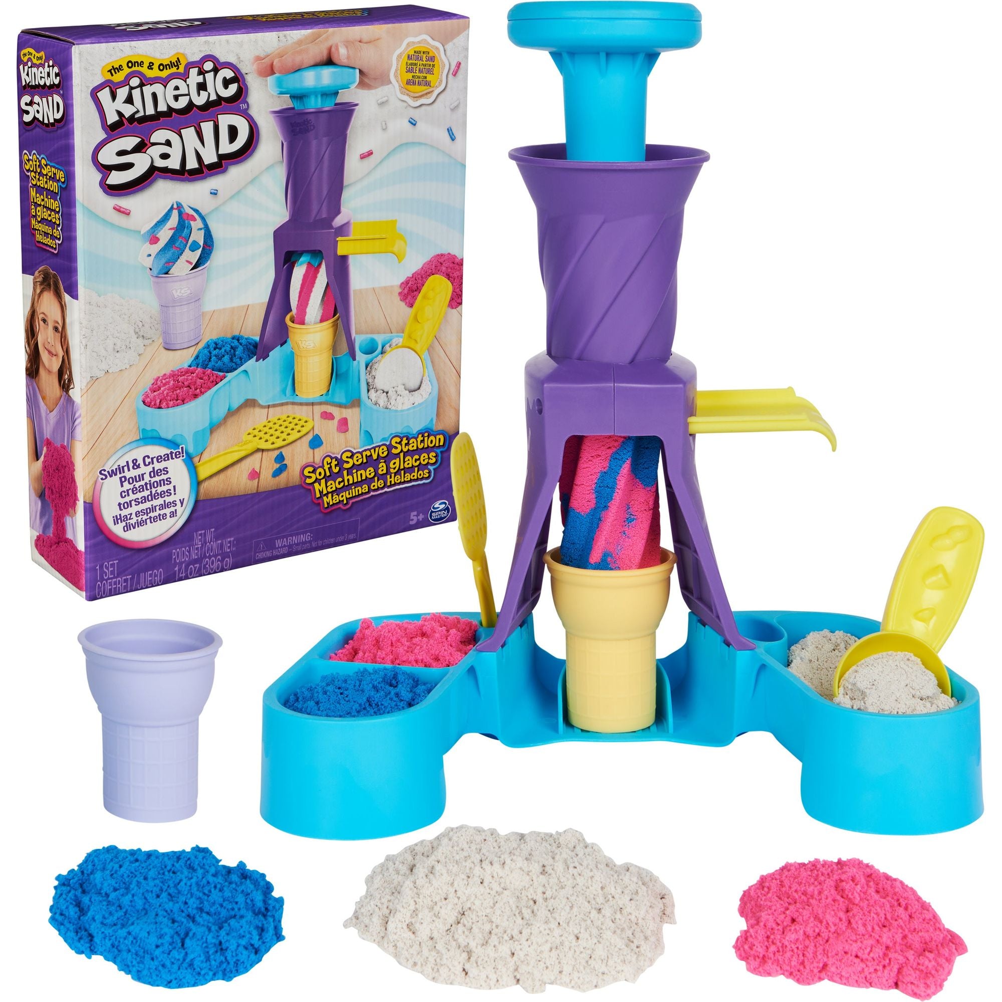 Kinetic Sand - Softijsjes Speelset Met 396 gram Speelzand In Blauw Roze En Wit - 2 Ijshoorntjes En 2 Stuks Gereedschap, Spin Master