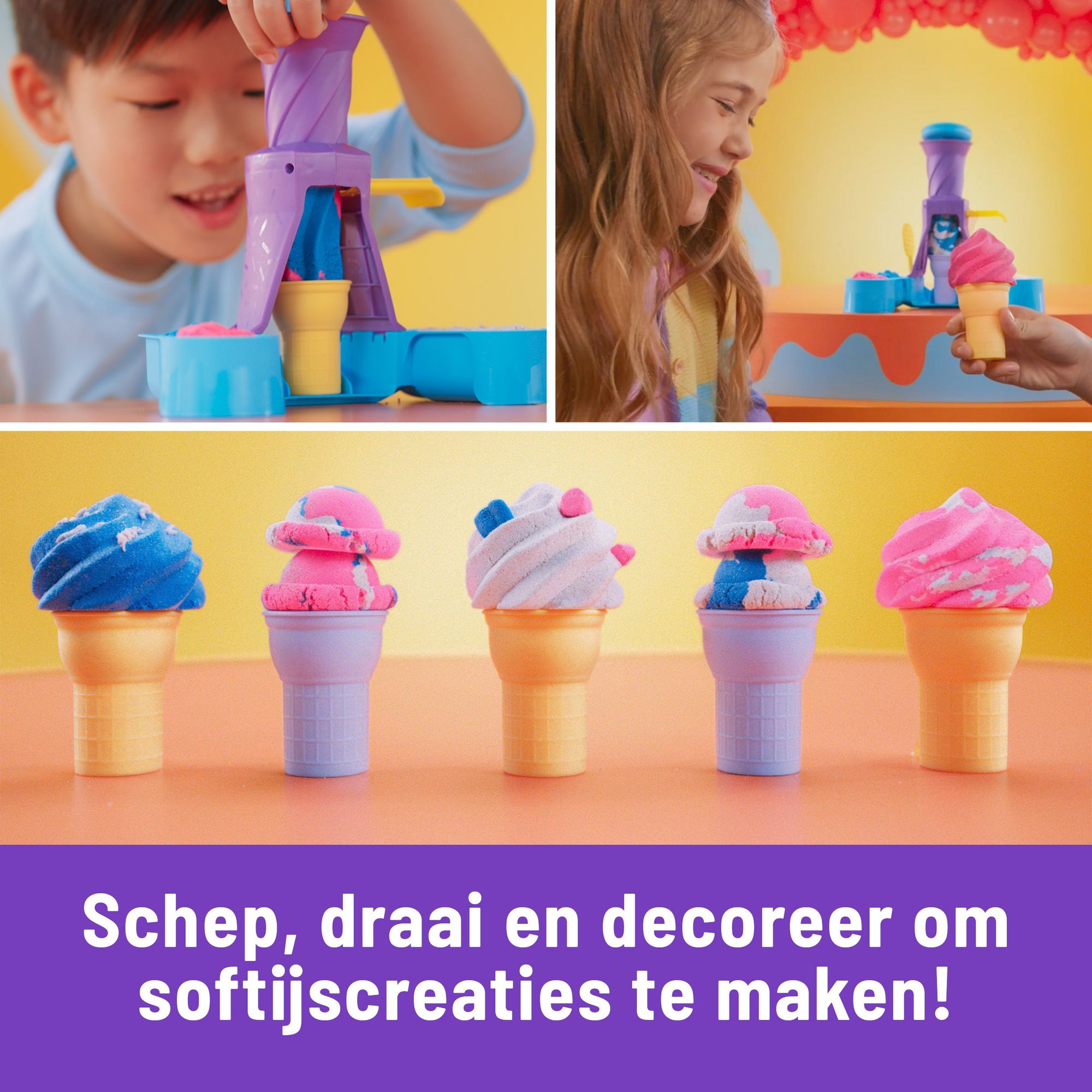 Kinetic Sand - Softijsjes Speelset Met 396 gram Speelzand In Blauw Roze En Wit - 2 Ijshoorntjes En 2 Stuks Gereedschap, Spin Master