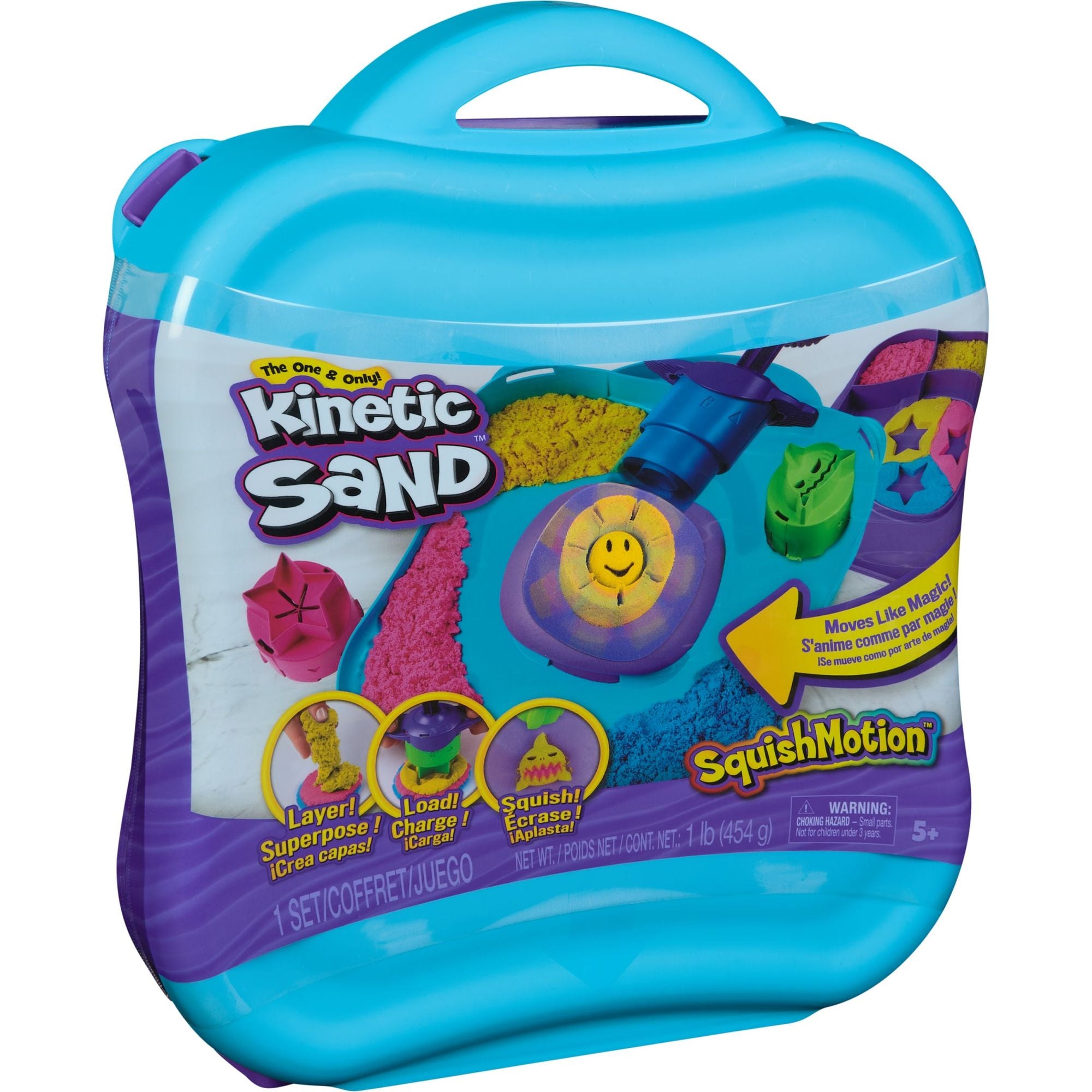 Kinetic Sand - Squishmotion - Speelset Met 453 gram Roze Geel En Blauw Speelzand Stempel En 5 Stuks Gereedschap Herbruikbare Opbergdoos, Spin Master