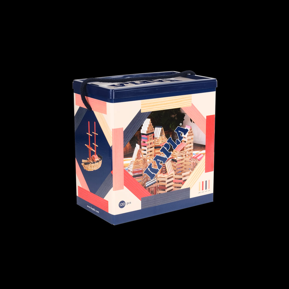 120 BOX blauw, rood, roze: 90 naturel + 30 gekleurde planken, Kapla