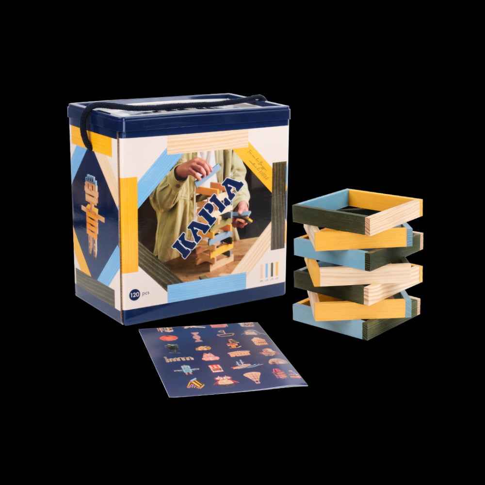 120 BOX blauw, geel, groen: 90 naturel + 30 gekleurde planken, Kapla