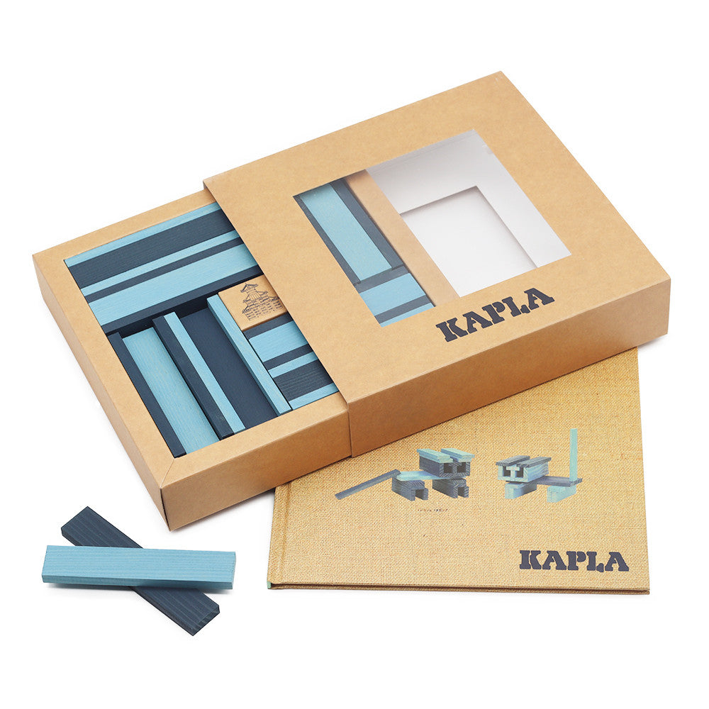 set nr.21: kunstboek + 20 lichtblauwe planken & 20 donkerblauwe planken, Kapla