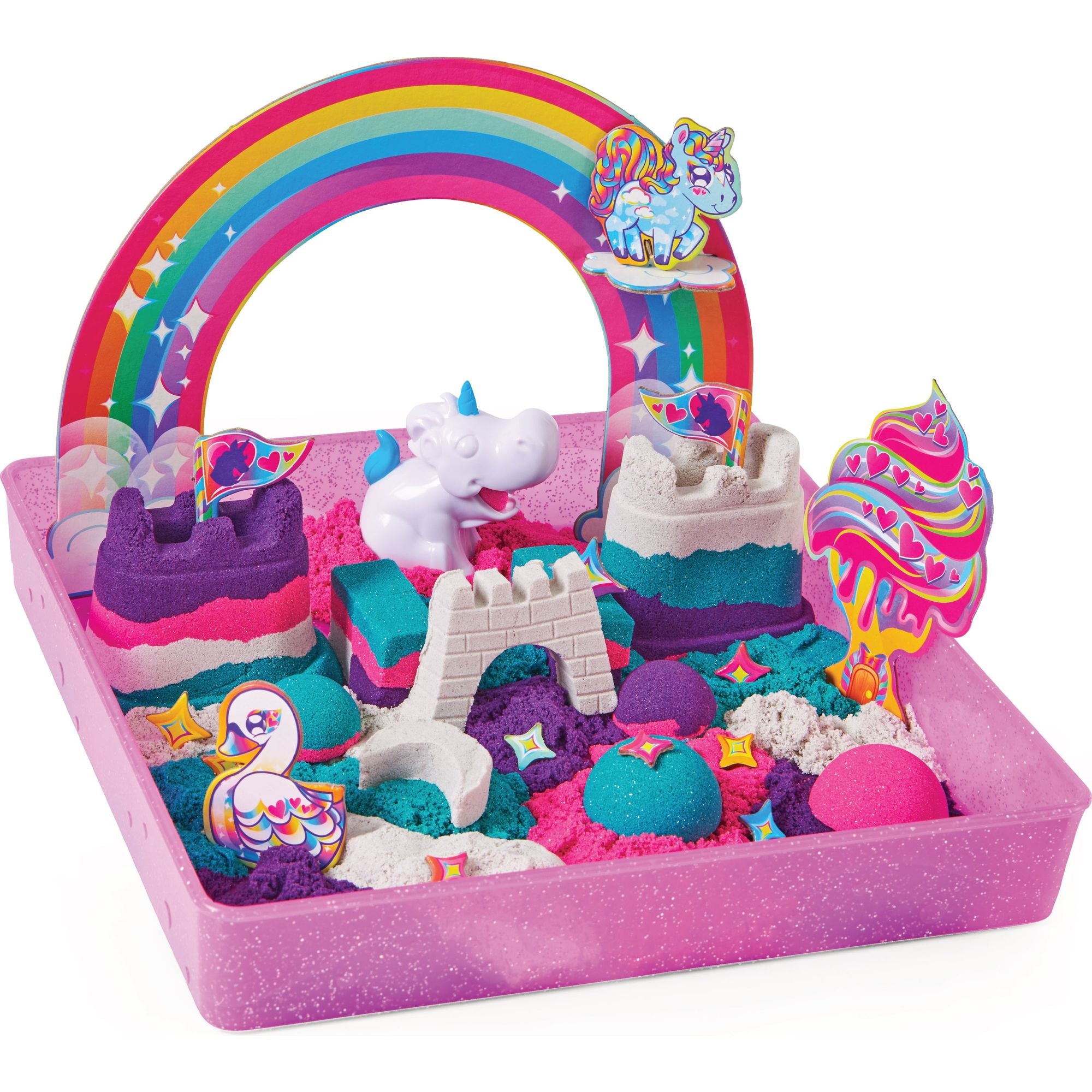 Kinetic Sand - Shimmer Eenhoorn Koninkrijk-Speelset Met 907 gram Glanzend Speelzand 8 Stuks Gereedschap, Spin Master