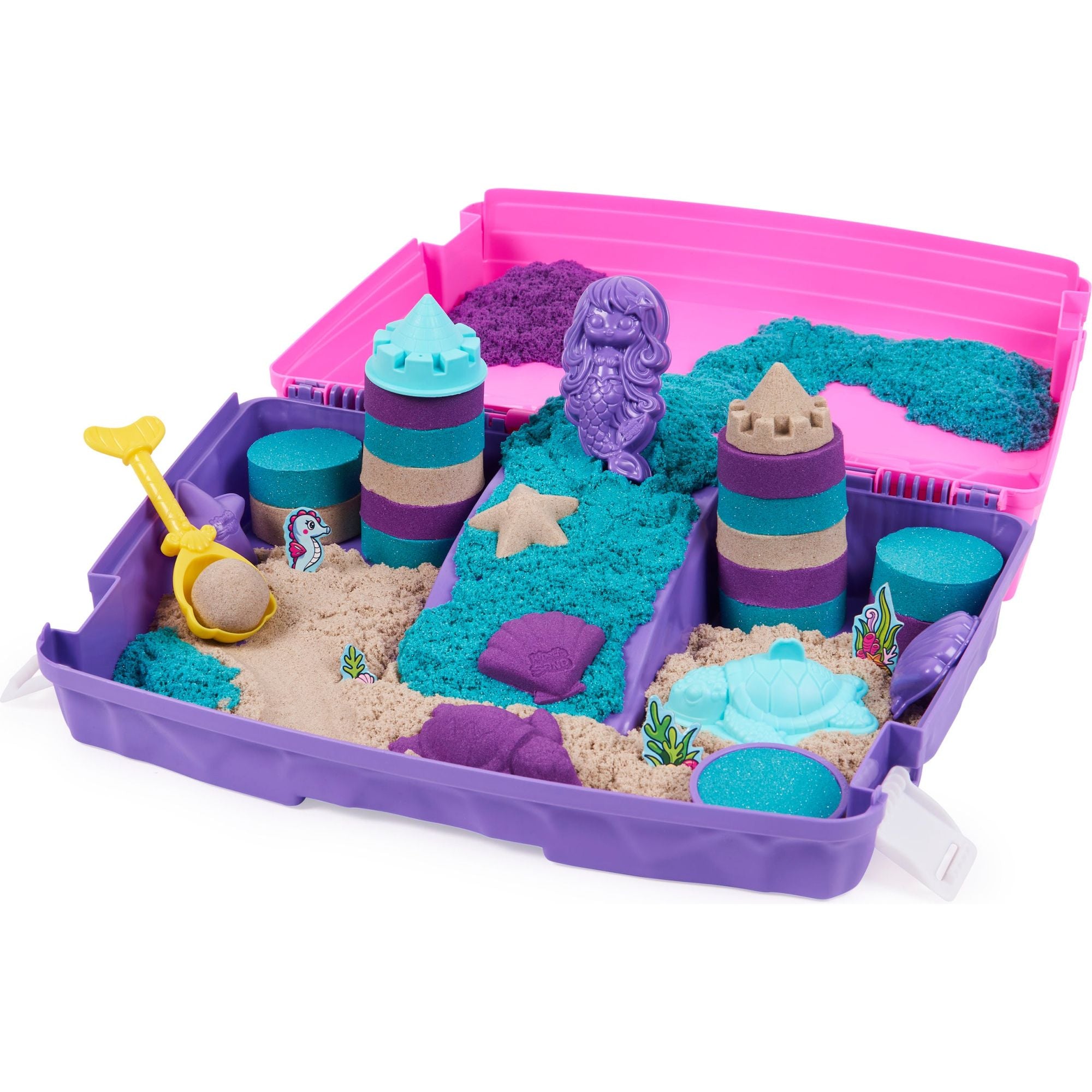 Kinetic Sand - Shimmer, Opvouwbare Meermin Zandbak-Speelset Met 907 gram Glinsterend Speelzand In 3 Kleuren, 6 Mallen En 1 Schep, Spin Master
