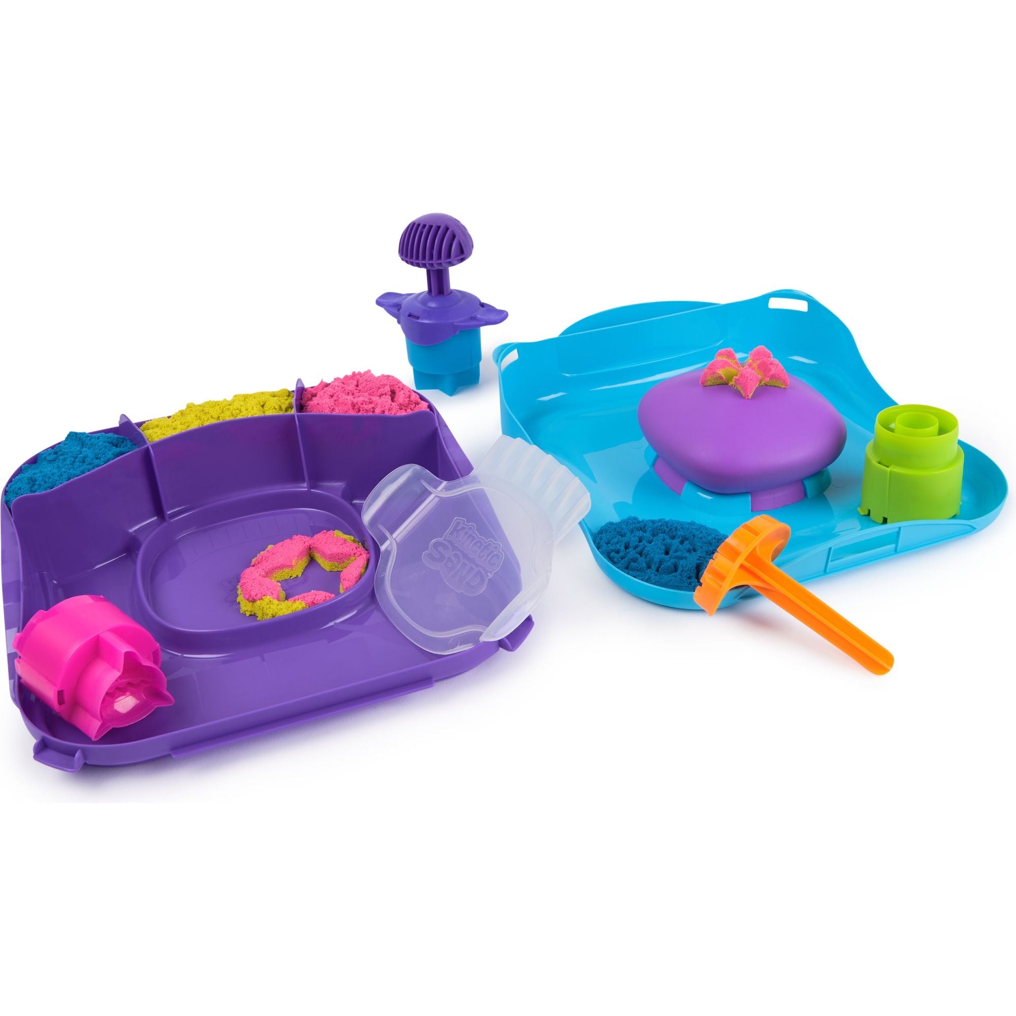 Kinetic Sand - Squishmotion - Speelset Met 453 gram Roze Geel En Blauw Speelzand Stempel En 5 Stuks Gereedschap Herbruikbare Opbergdoos, Spin Master