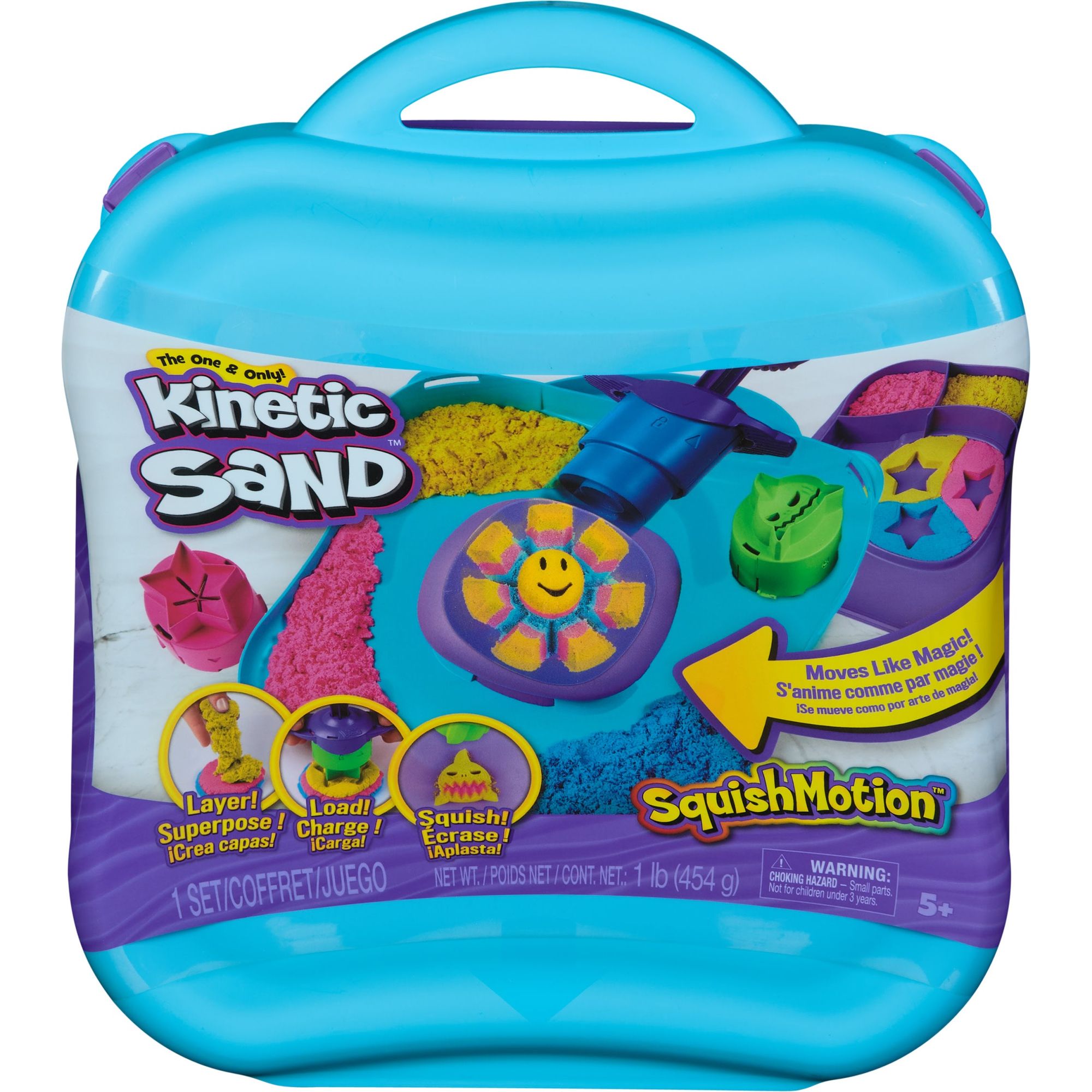 Kinetic Sand - Squishmotion - Speelset Met 453 gram Roze Geel En Blauw Speelzand Stempel En 5 Stuks Gereedschap Herbruikbare Opbergdoos, Spin Master