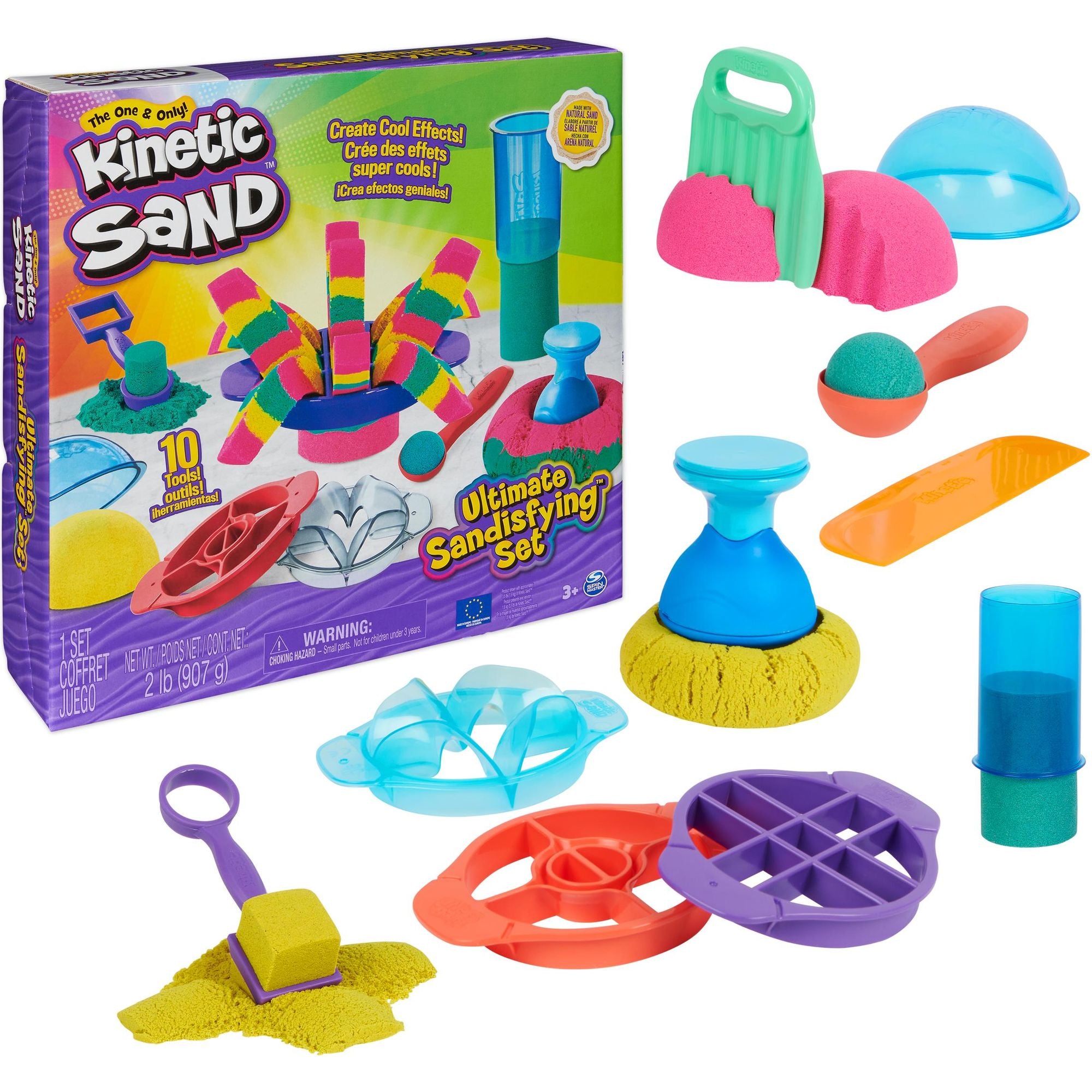 Kinetic Sand - Ultimate Sandisfying-Set Met 907 gram Roze Geel En Blauwgroen Speelzand - Met 10 Vormen En Gereedschappen, Spin Master