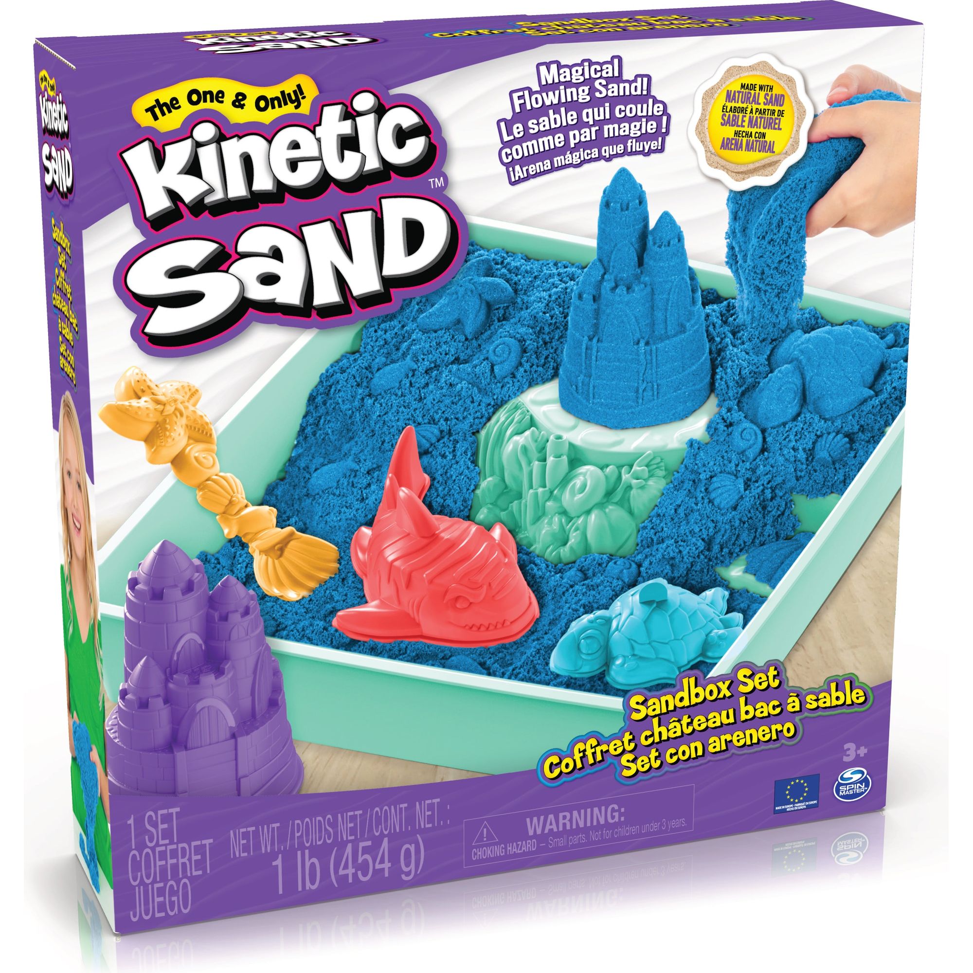Kinetic Sand - Zandbak-Set Met 454 gram Blauw Speelzand Opbergzandbak 4 Vormen En Gereedschap, Spin Master
