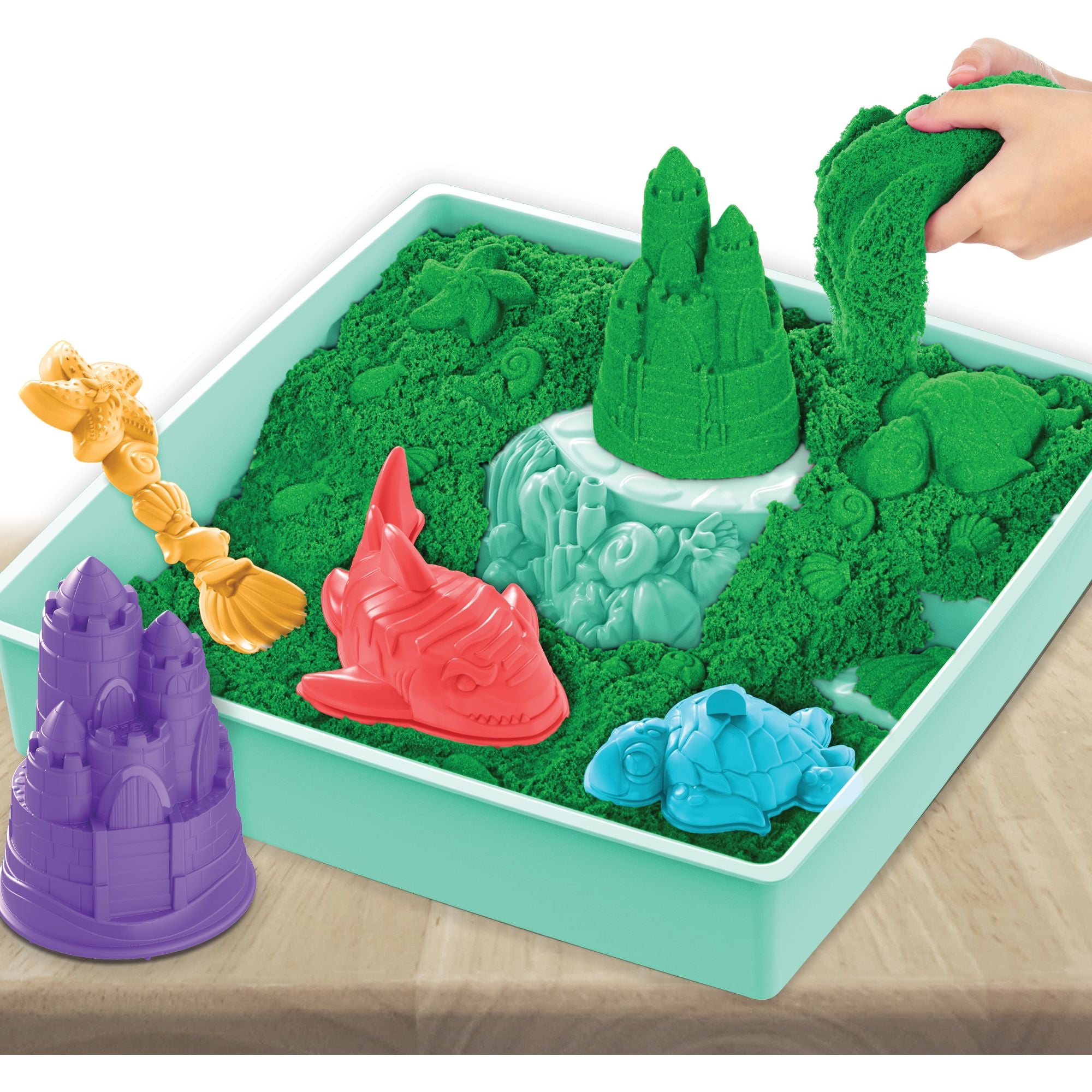 Kinetic Sand - Zandbak-Set Met 454 gram Groen Speelzand Opbergzandbak 4 Vormen En Gereedschap, Spin Master