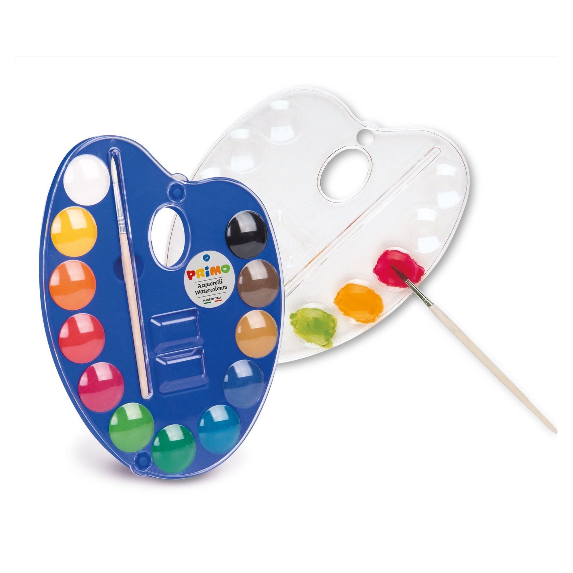 12 Aquareltabletten Diameter 25 mm in Plastic Doosje met Deksel/Mengpalet en 1 Penseel, Primo