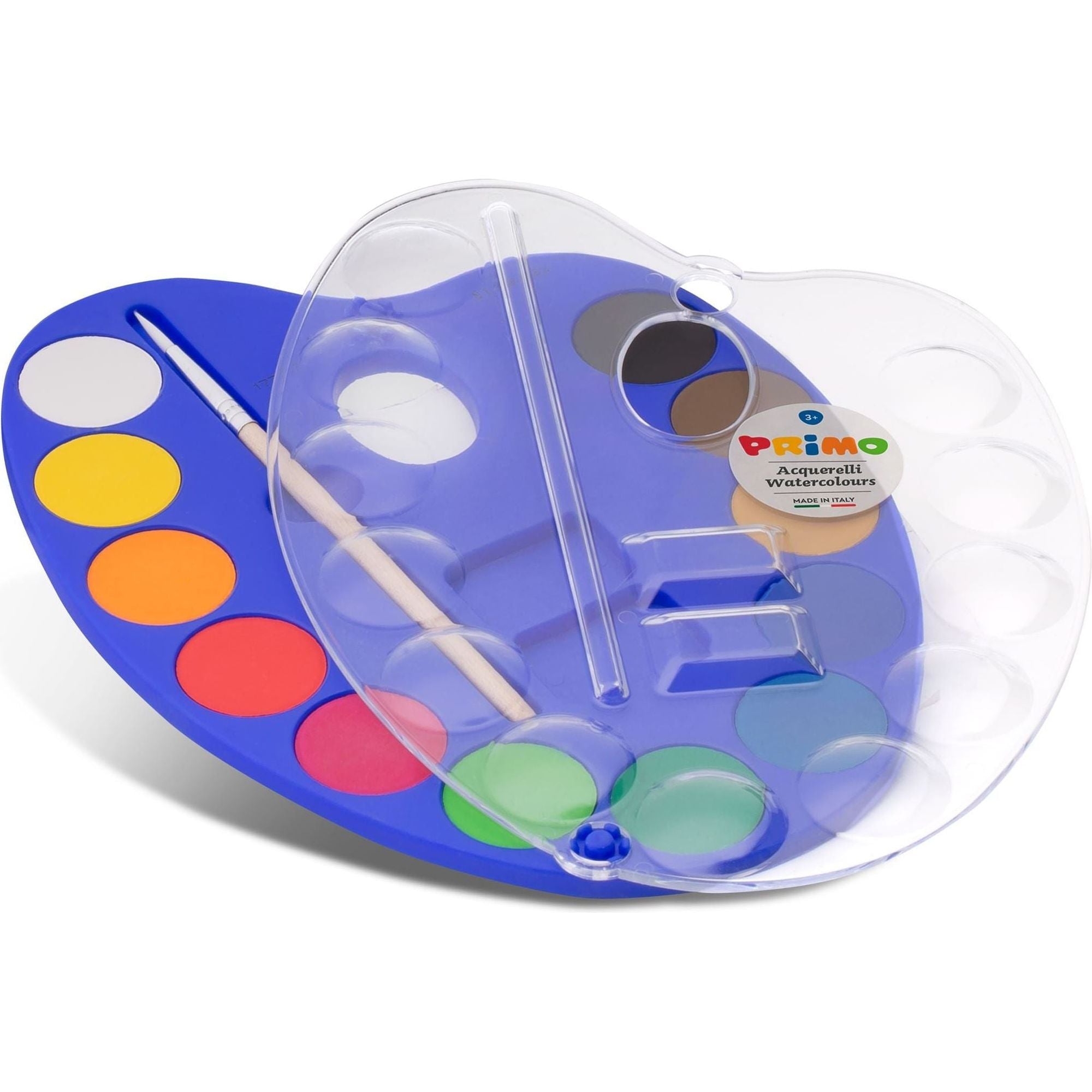 12 Aquareltabletten Diameter 25 mm in Plastic Doosje met Deksel/Mengpalet en 1 Penseel, Primo