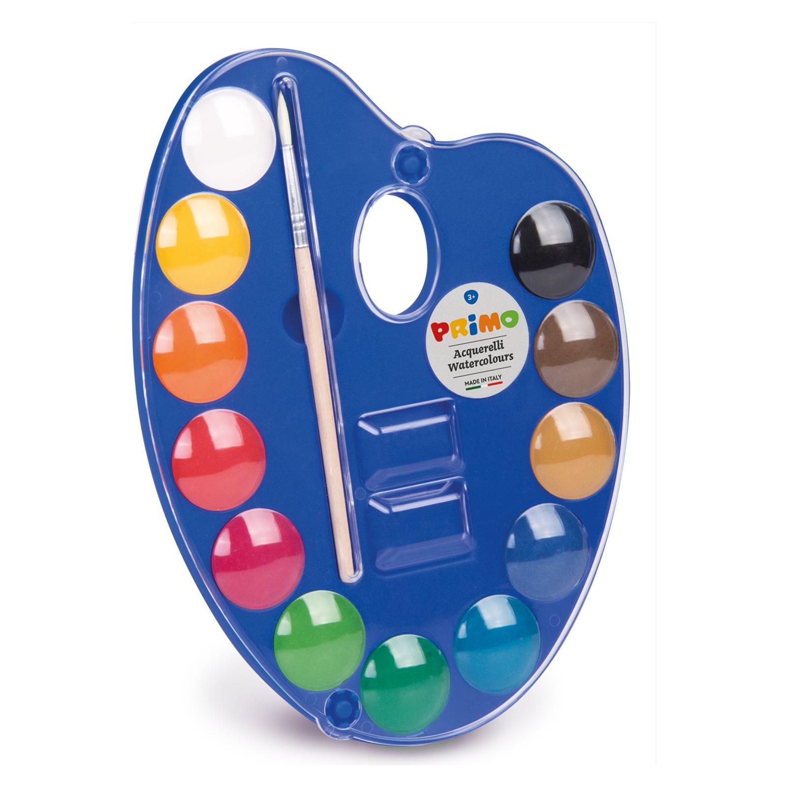 12 Aquareltabletten Diameter 25 mm in Plastic Doosje met Deksel/Mengpalet en 1 Penseel, Primo