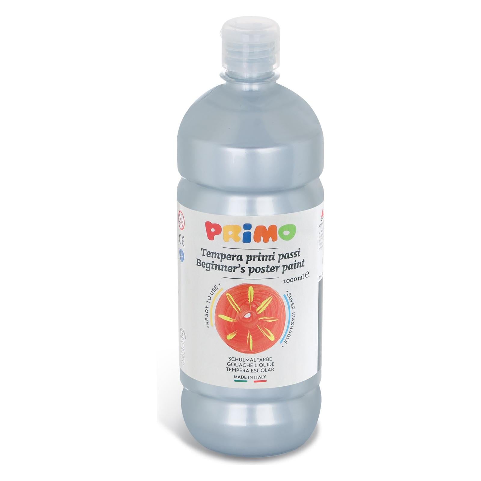 Kant-en-Klare Plakkaatverf voor Beginners, Fles Van 1000 ml met Dop met Debietregeling Zilver 910, Primo