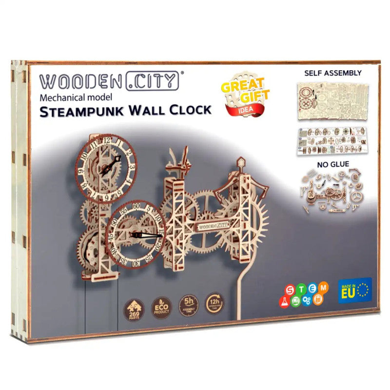 Steampunk Wall Clock, Wooden City