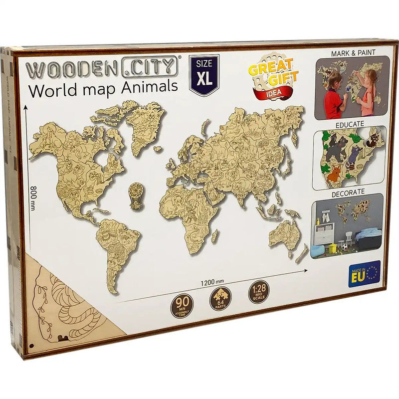 WORLD MAP ANIMALS XL, Wooden City