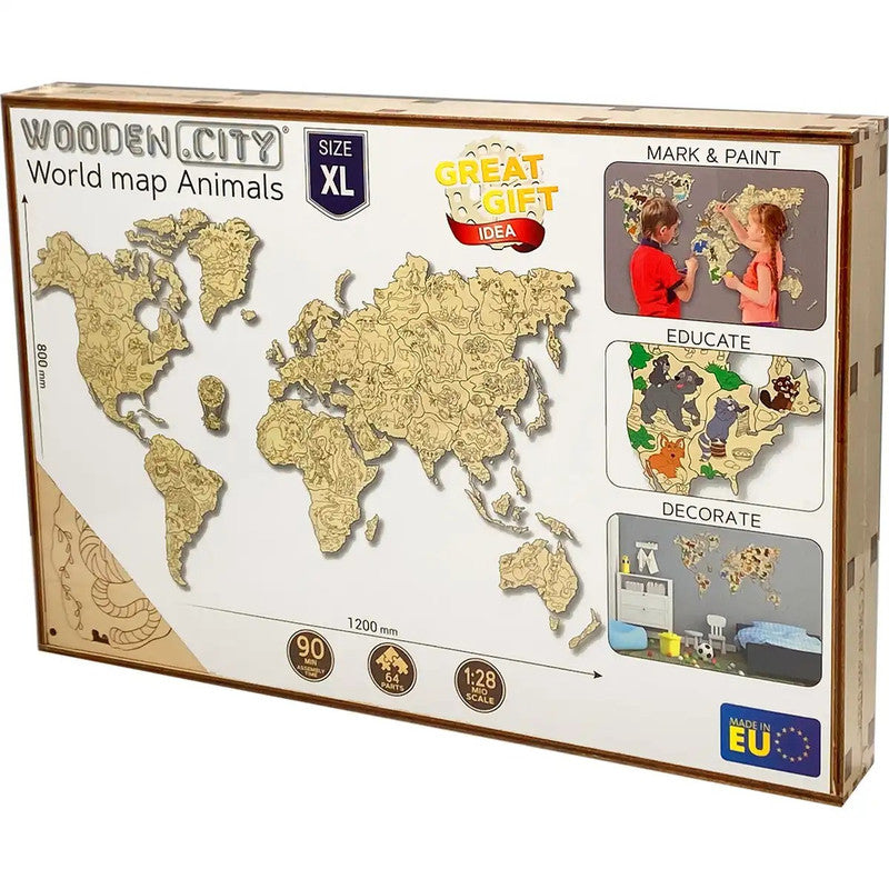WORLD MAP ANIMALS XL, Wooden City
